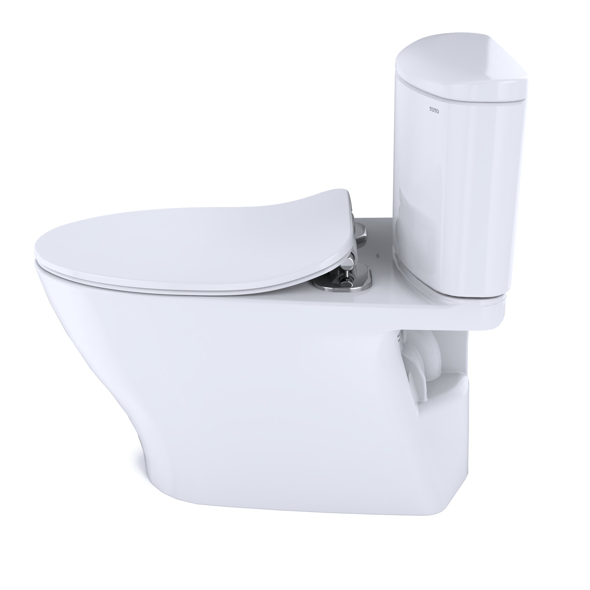 White elongated two-piece toilet with soft-close seat and integrated bidet unit attachment on right side.