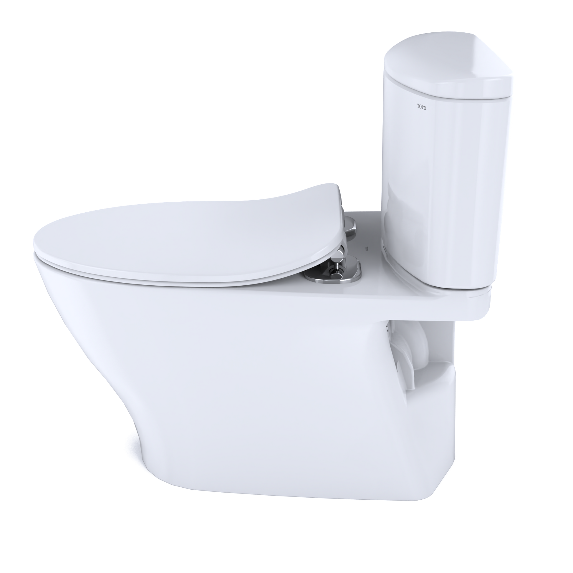 White elongated two-piece toilet with soft-close seat and integrated bidet attachment unit.