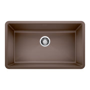 Cafe brown undermount kitchen sink with single bowl, rounded corners, and chrome drain strainer.