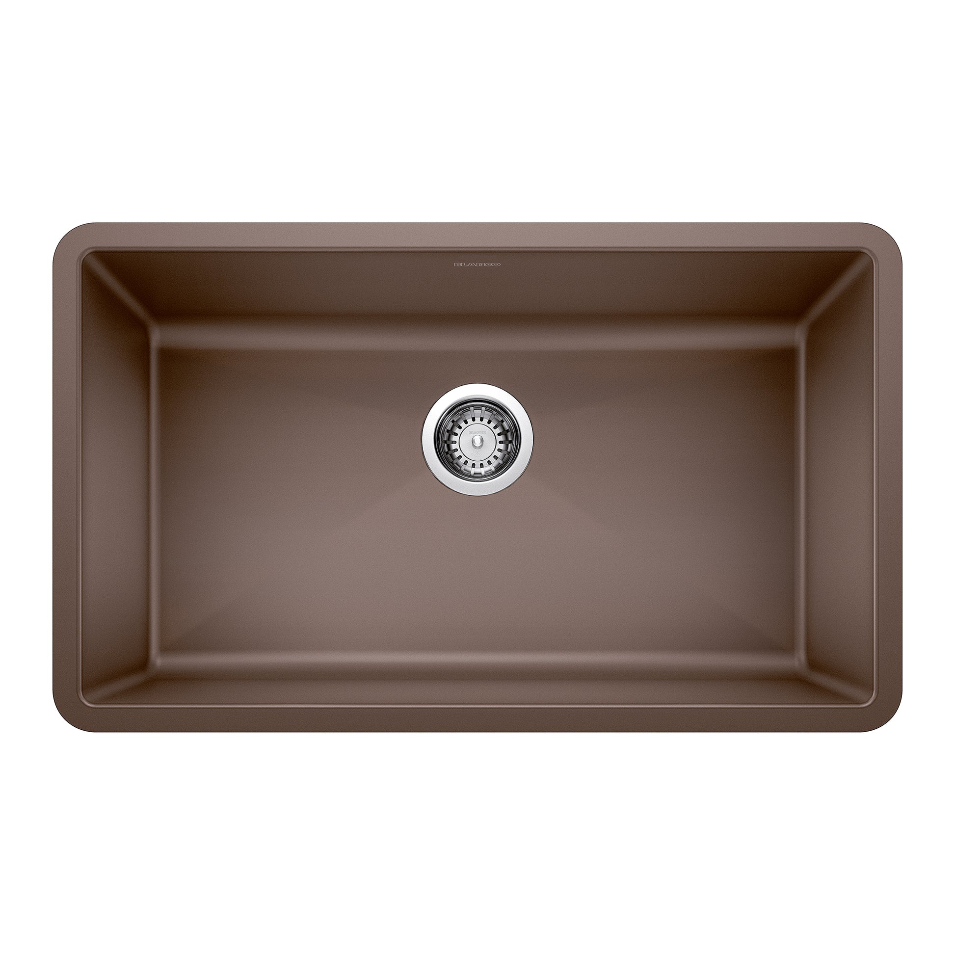 Cafe brown undermount kitchen sink with single bowl, rounded corners, and chrome drain strainer.