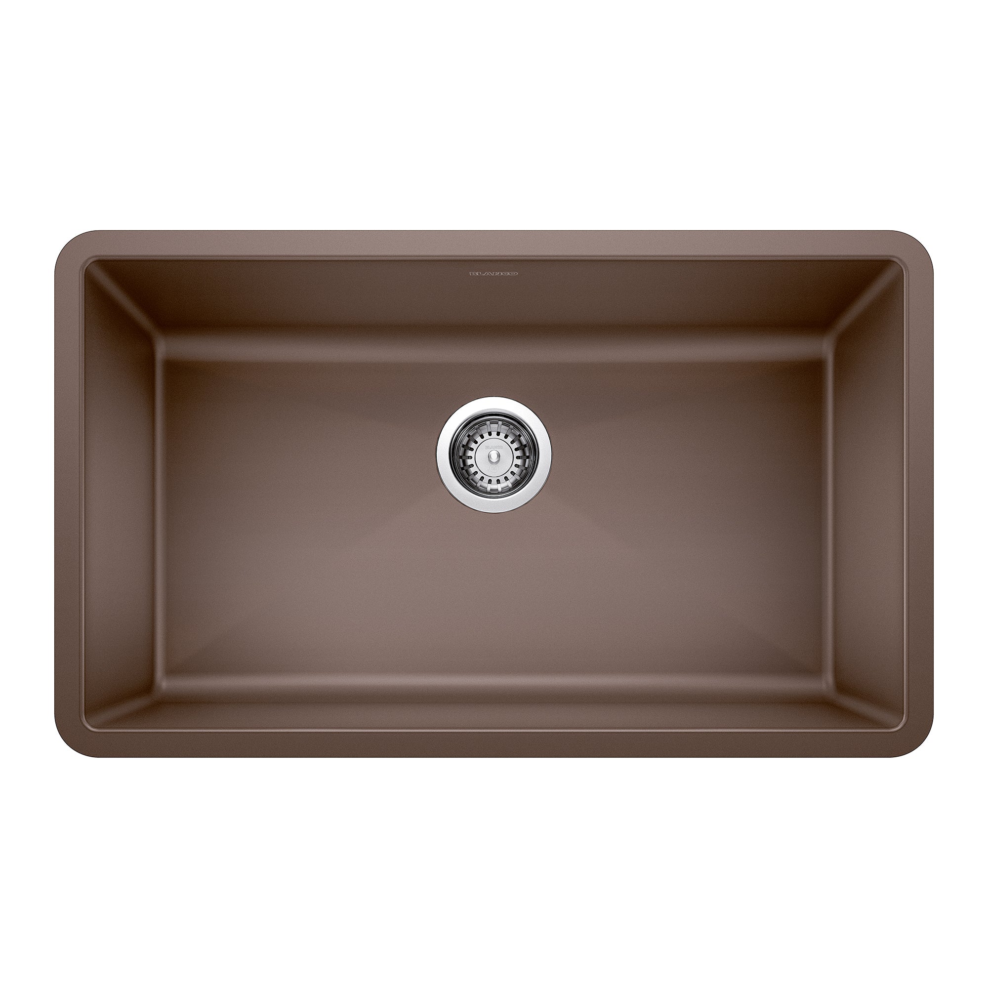 Cafe brown undermount kitchen sink with single bowl, rounded corners, and chrome drain strainer.