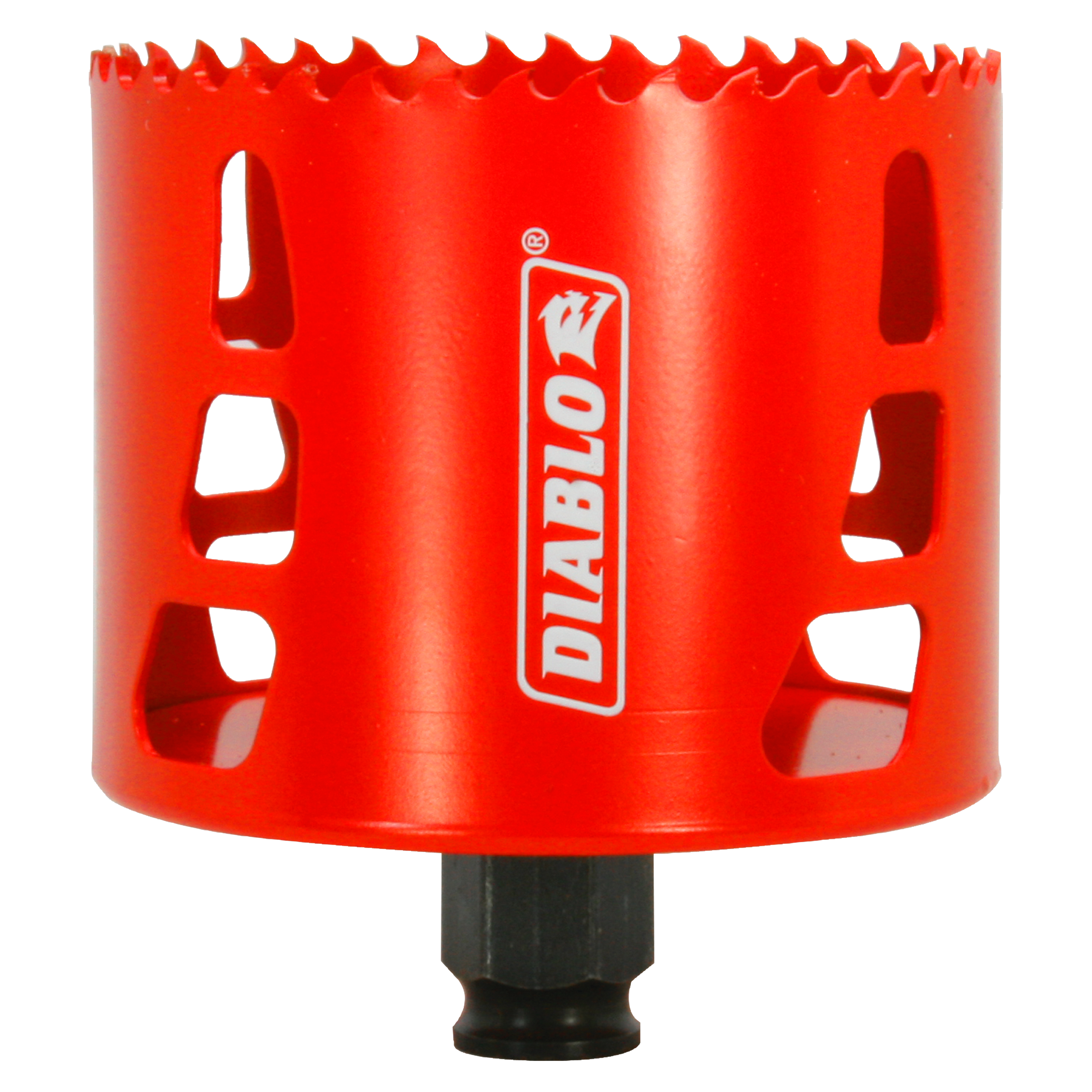 Red Diablo hole saw with serrated edge and black arbor shaft attached to base.