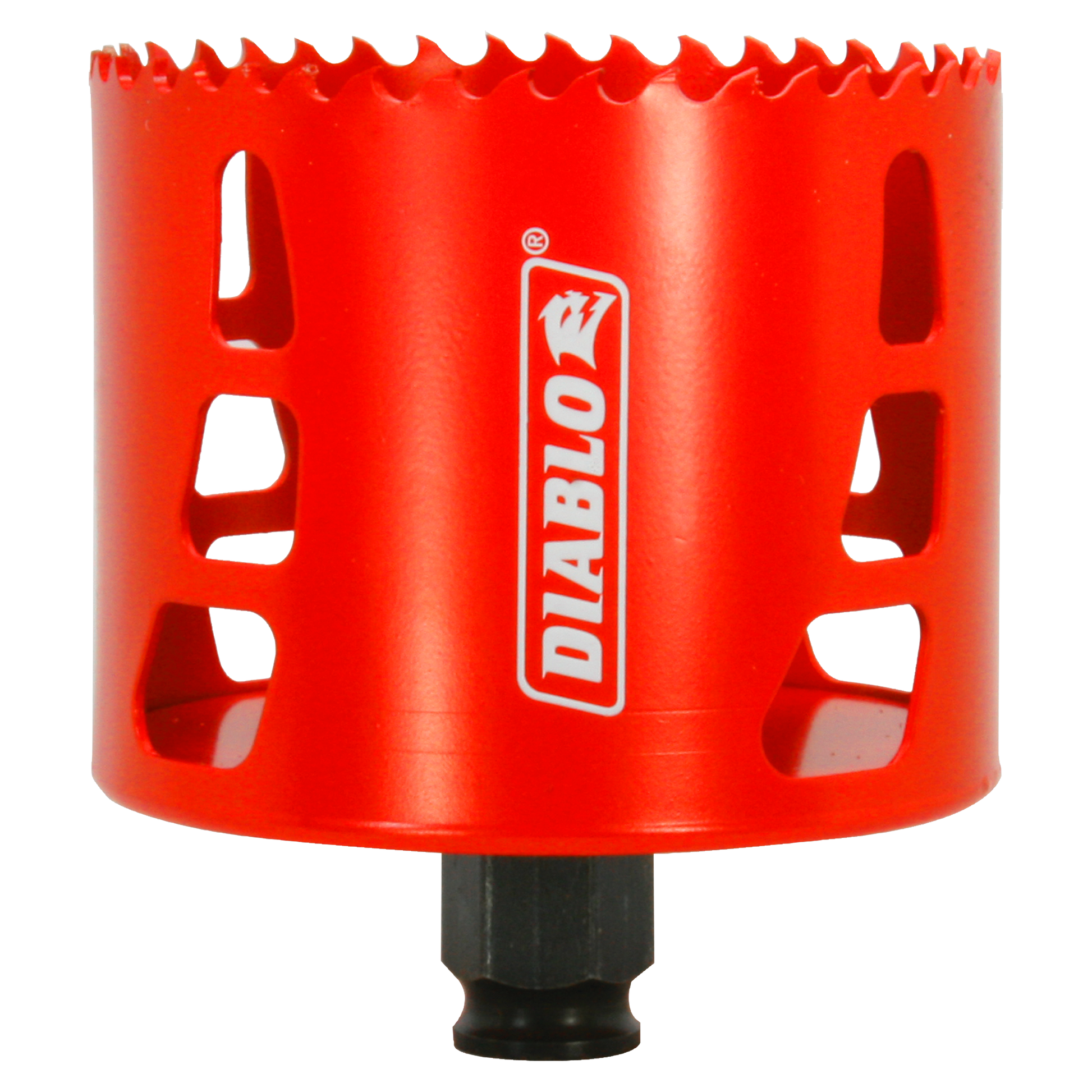 Red cylindrical hole saw with serrated cutting edge and Diablo branding, black arbor shaft attached to base.