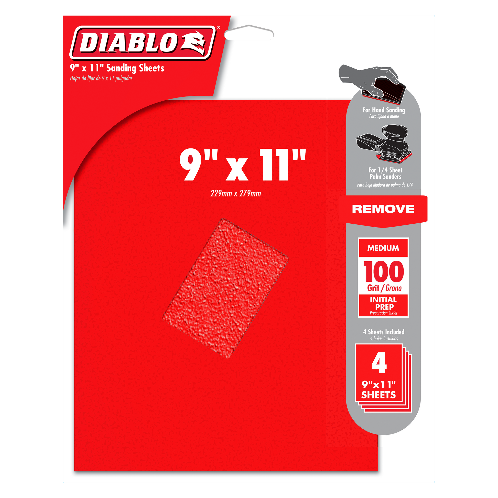Red Diablo sanding sheet package showing 9" x 11" medium 100-grit sheets with product specifications and four-pack quantity l