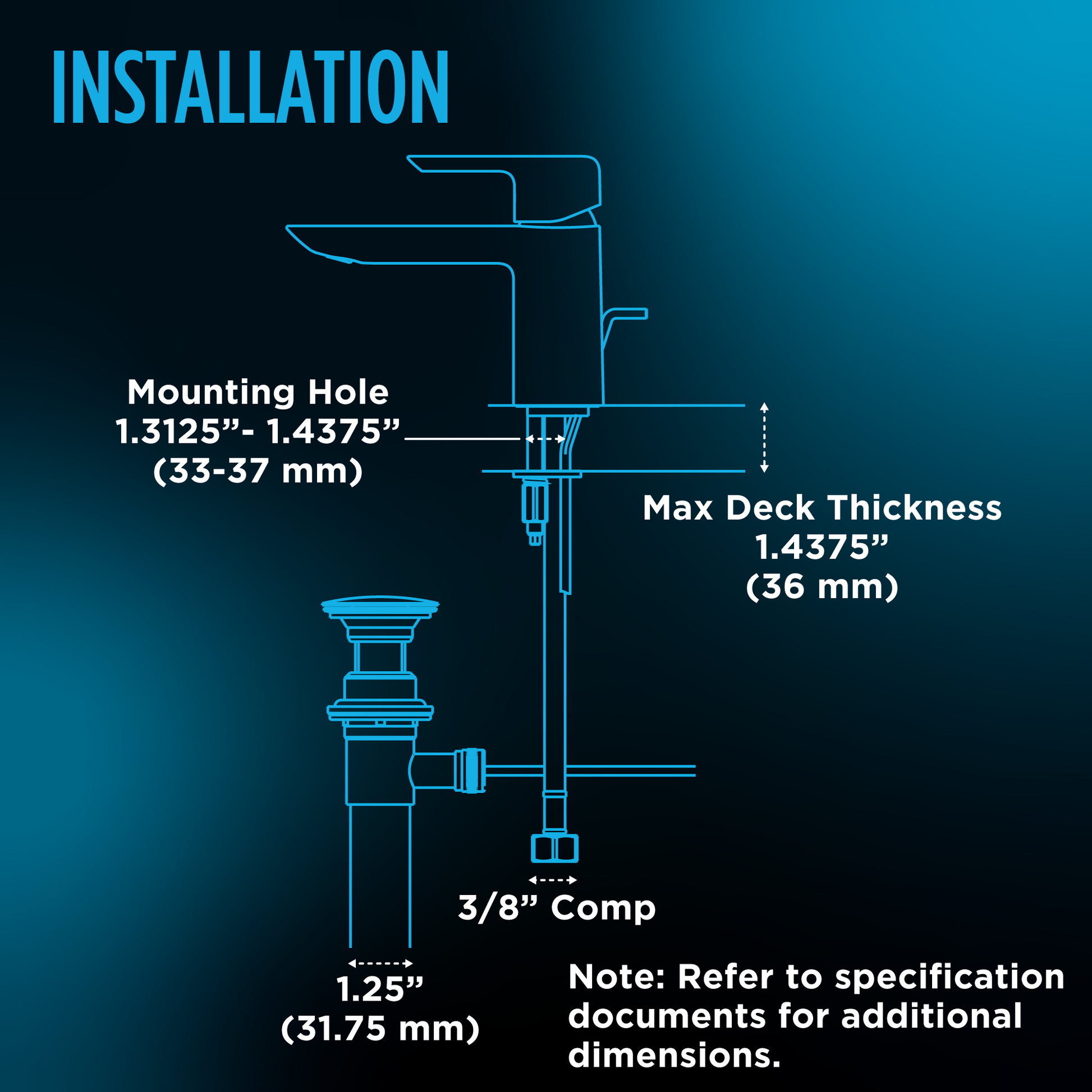 Technical installation diagram showing single-handle faucet mounting specifications with deck hole size, maximum thickness, a