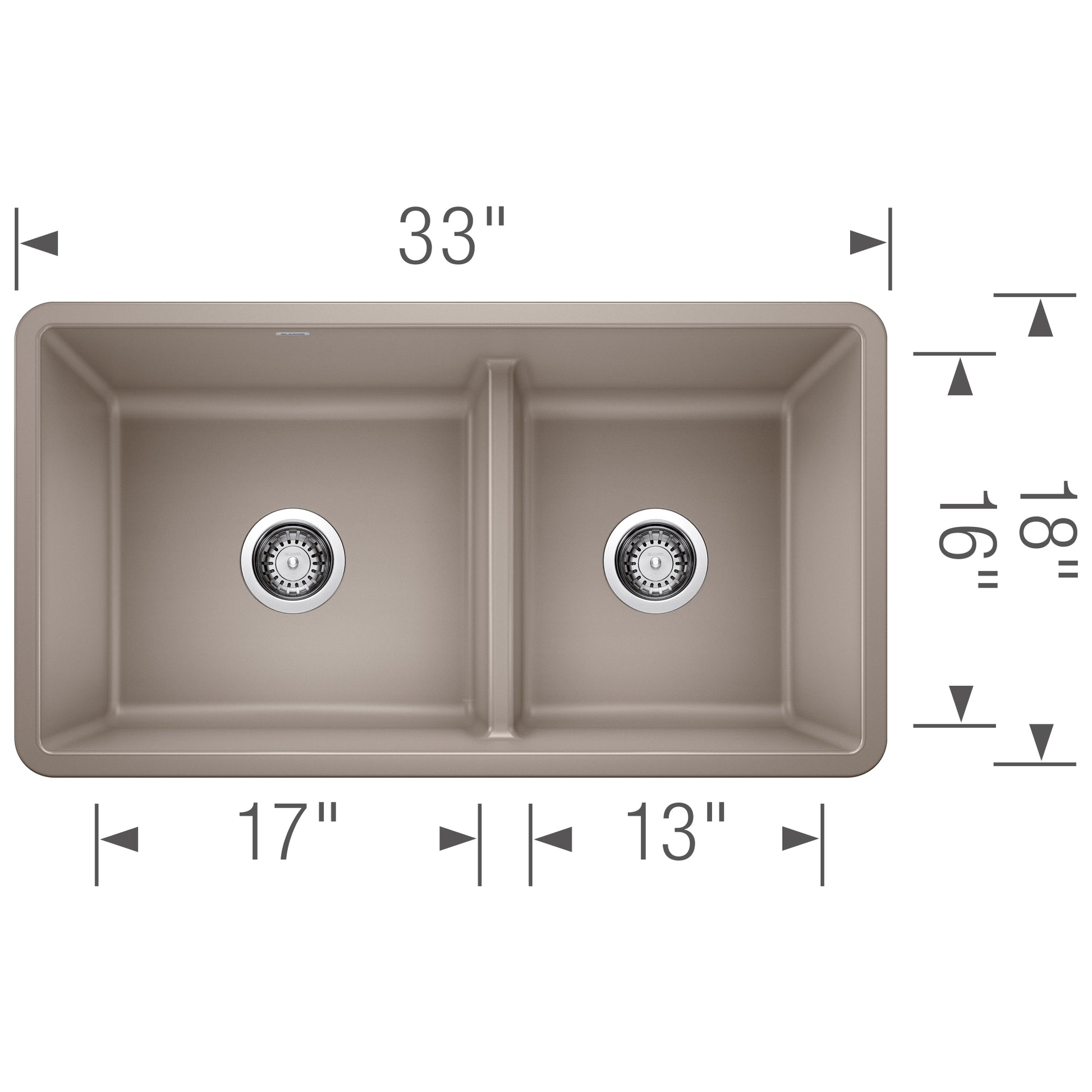 Truffle-colored undermount kitchen sink with two basins divided by low center partition, shown from above with dimensions.