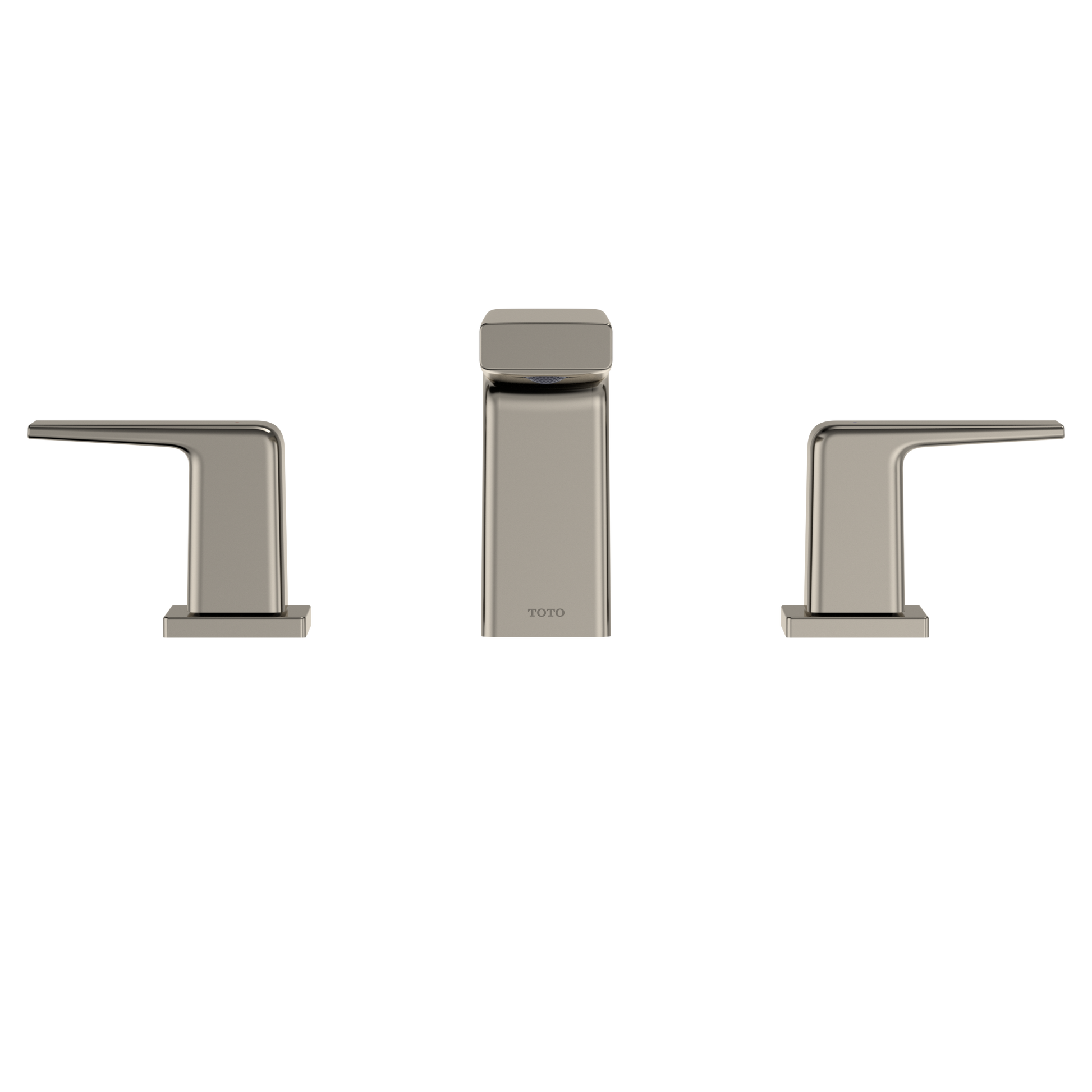 Polished nickel two-handle deck-mount roman tub filler with center spout and lever handles.