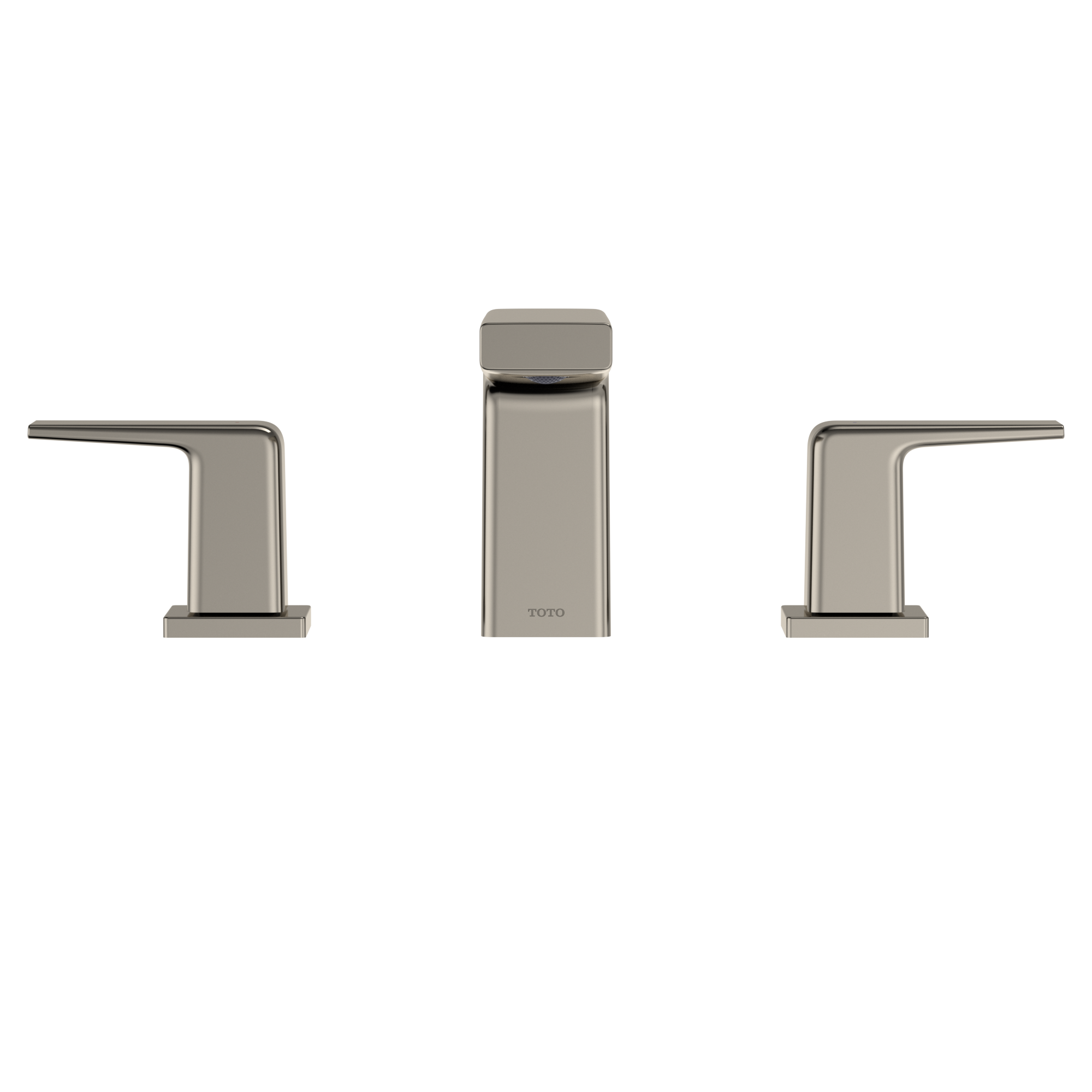 Polished nickel two-handle deck-mount roman tub filler with center spout and lever handles.