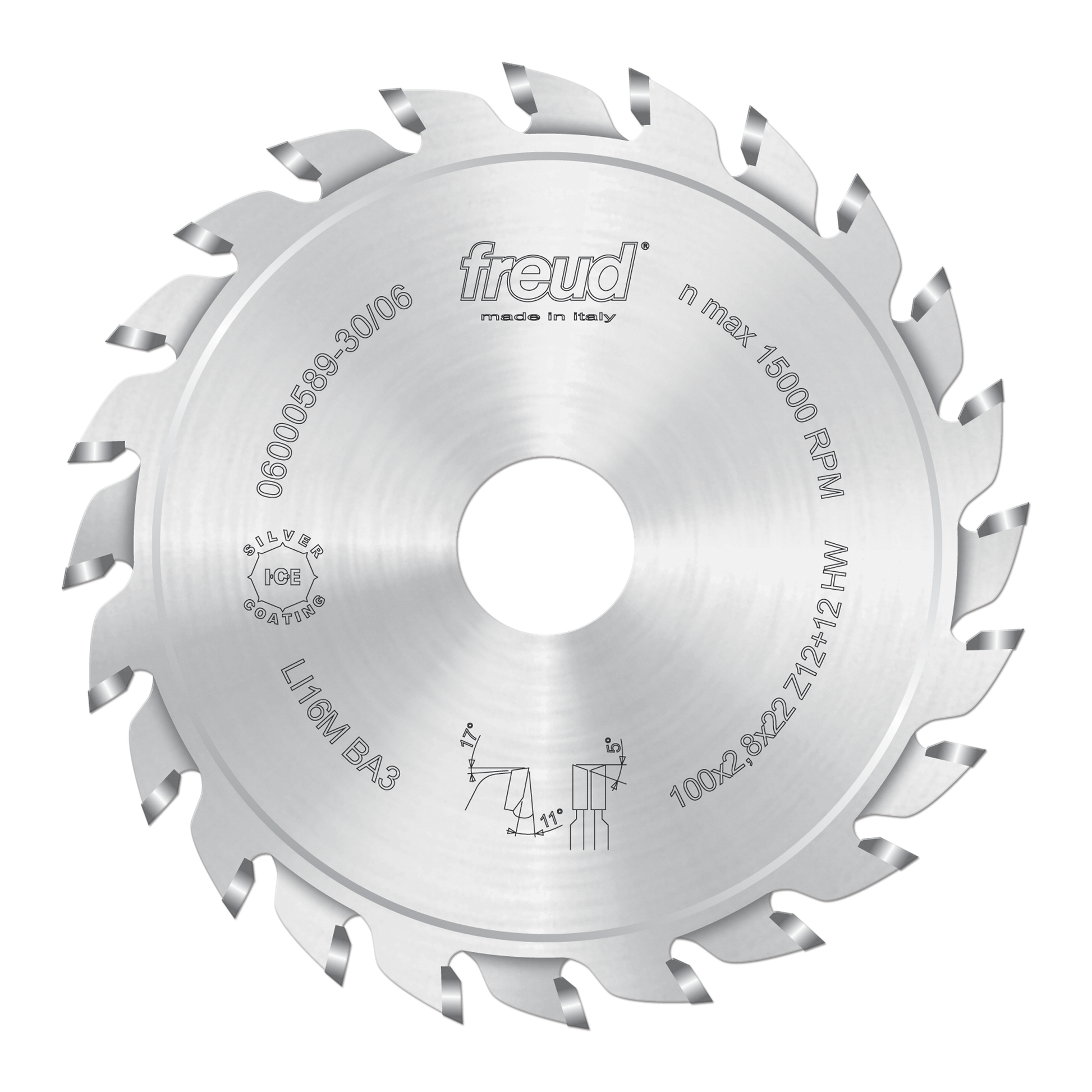 Freud 120mm split scoring saw blade with multiple carbide teeth arranged around silver circular disc.