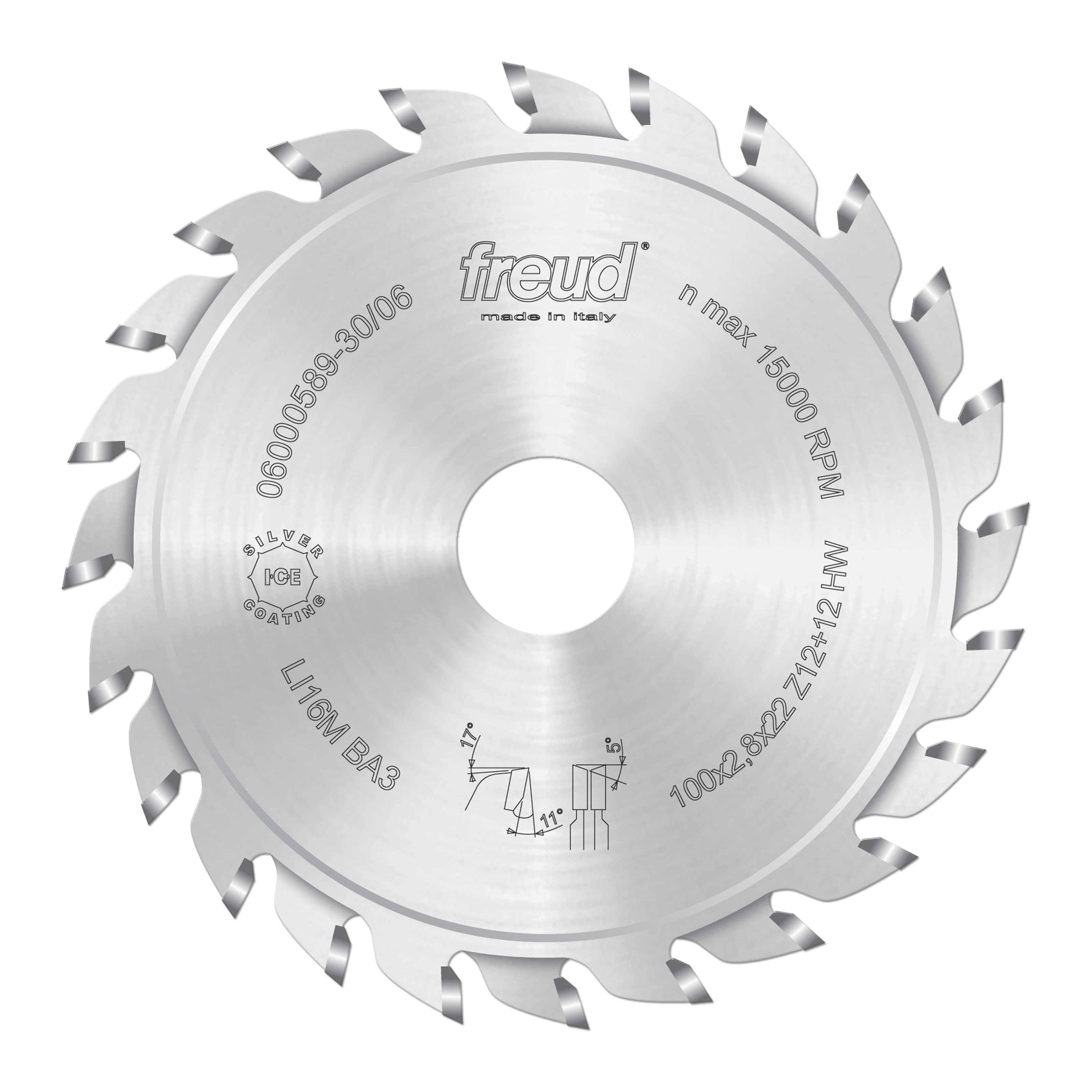 Freud 120mm split scoring saw blade with multiple carbide teeth arranged around silver circular disc.