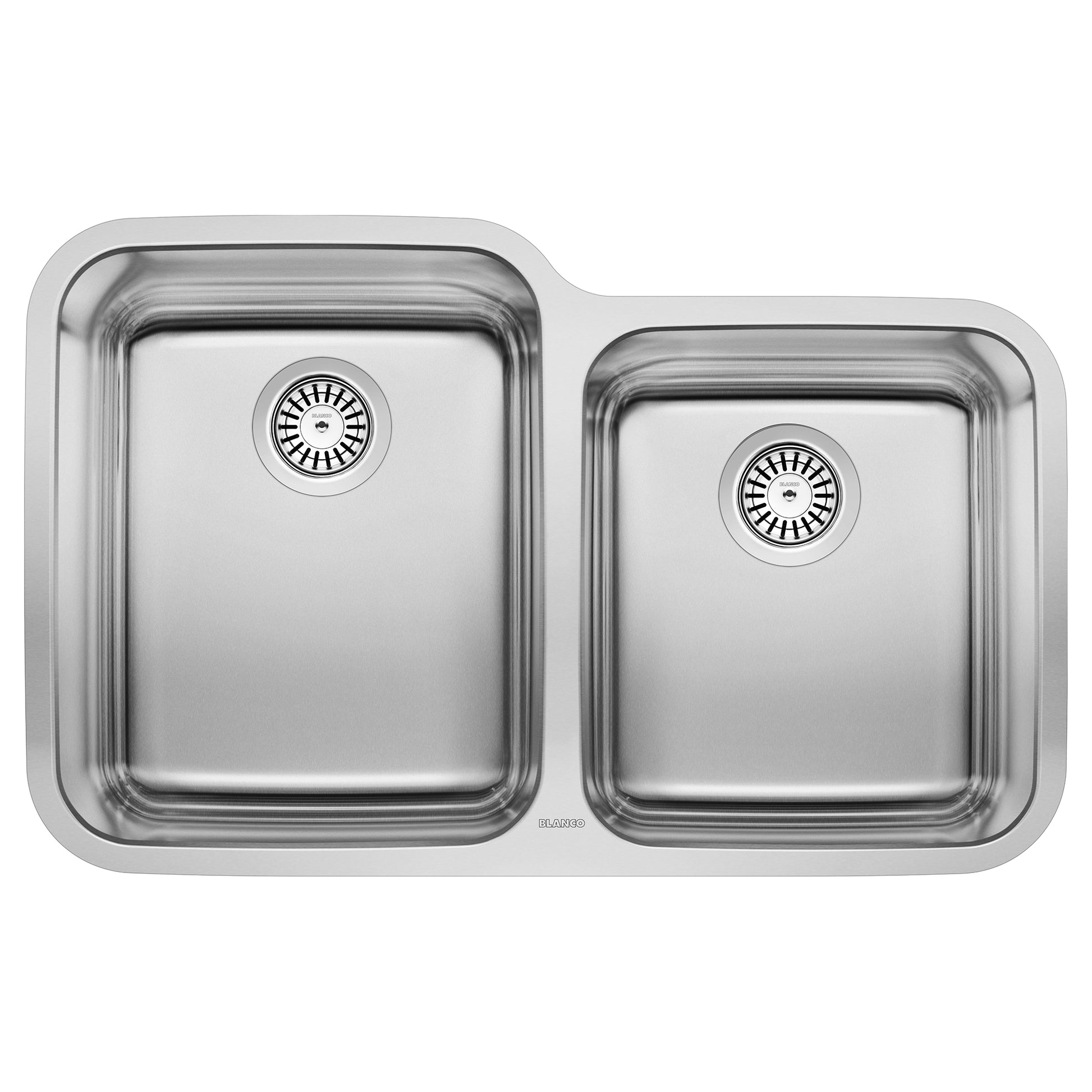 Stainless steel undermount kitchen sink with one large and one small bowl, each with a drain basket strainer.