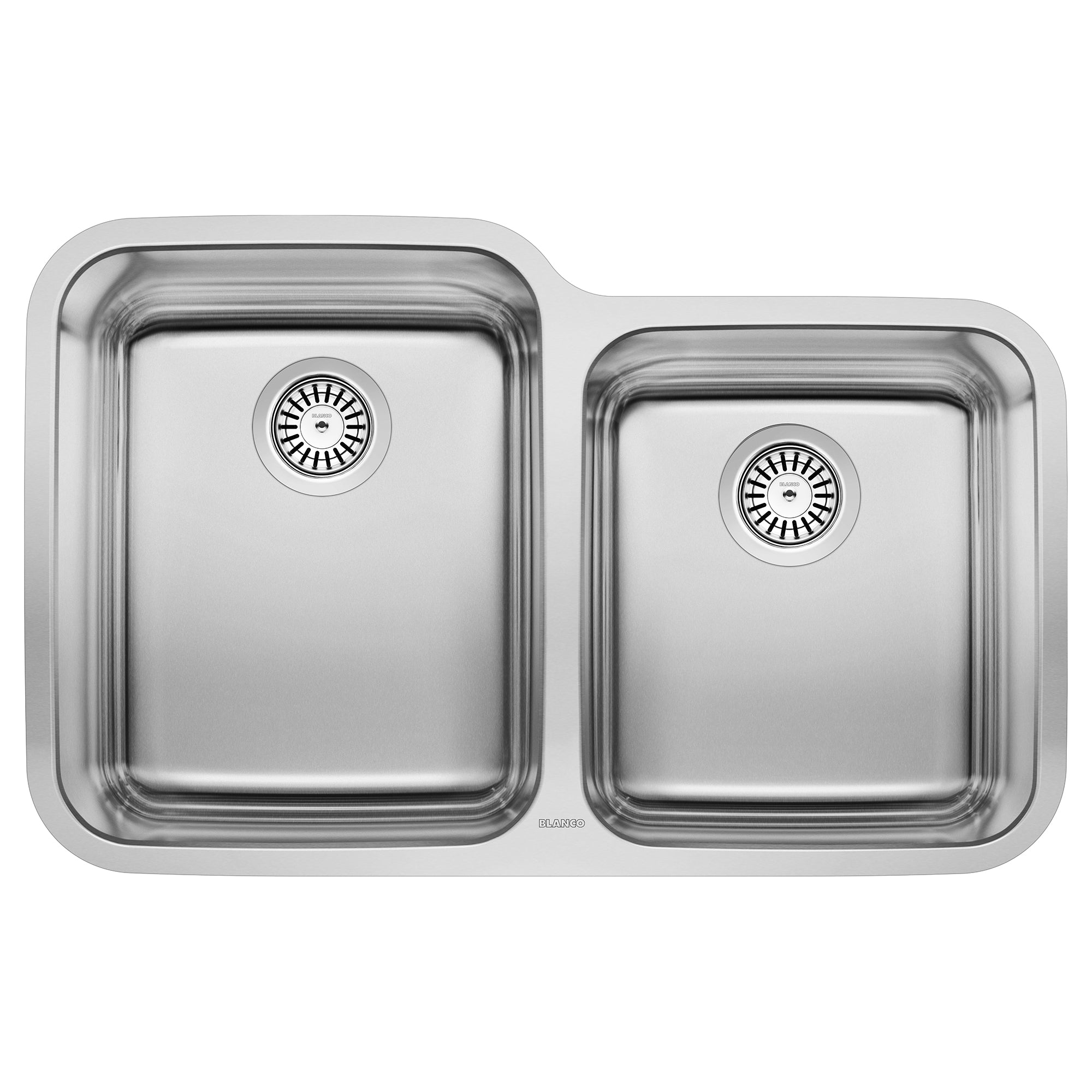 Stainless steel undermount kitchen sink with one large and one small bowl, each with a drain basket strainer.