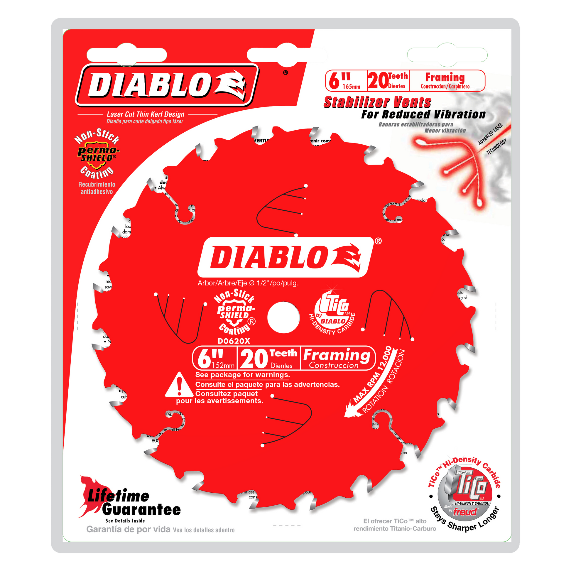 Red circular saw blade with 20 teeth, 6 inch diameter, labeled Diablo D0620X for framing work on Porter Cable Saw Boss.