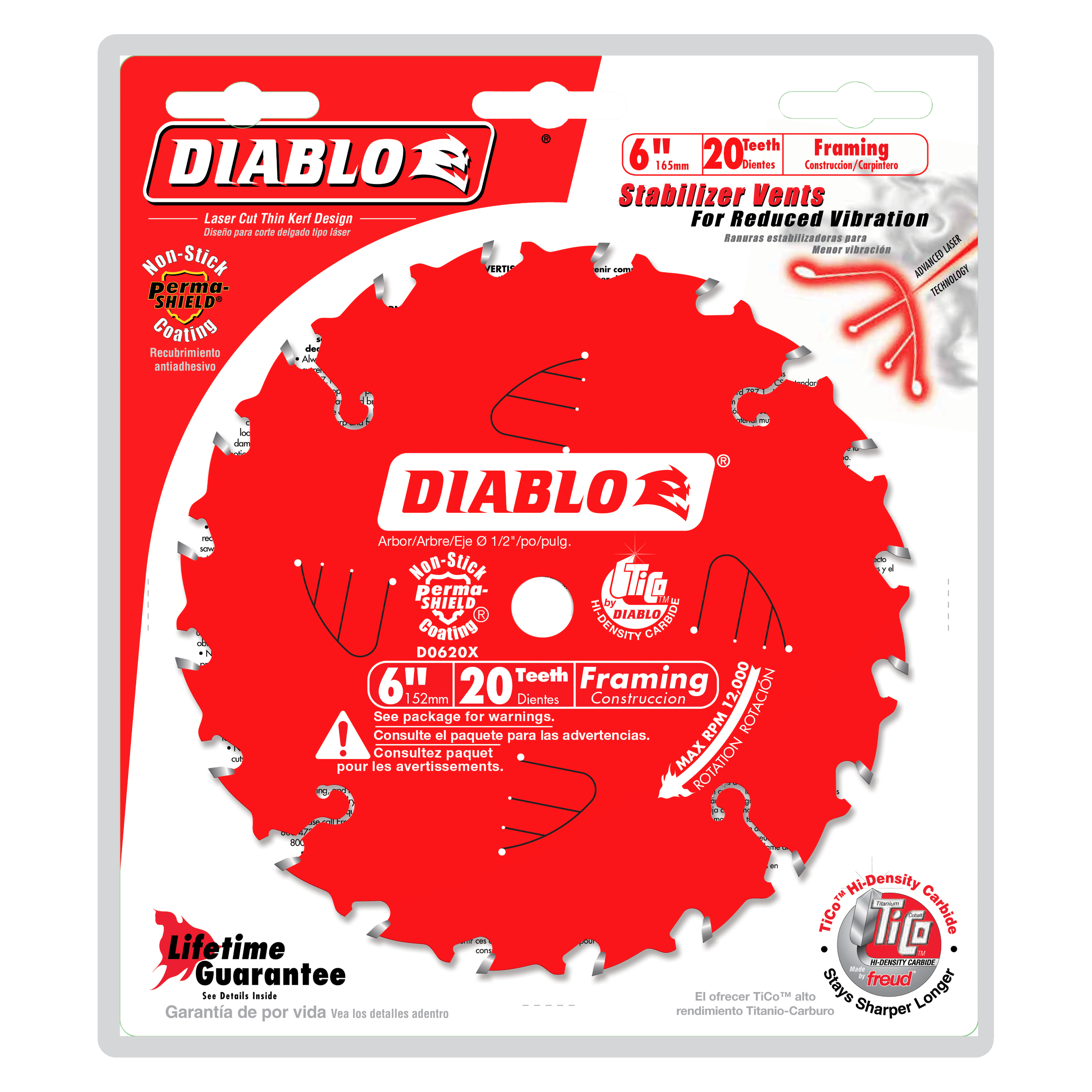 Red circular saw blade with 20 teeth, 6 inch diameter, labeled Diablo D0620X for framing work on Porter Cable Saw Boss.