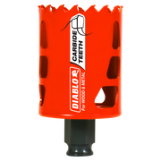 Bright orange Diablo carbide-tipped holesaw with jagged cutting edge and black cylindrical shank.