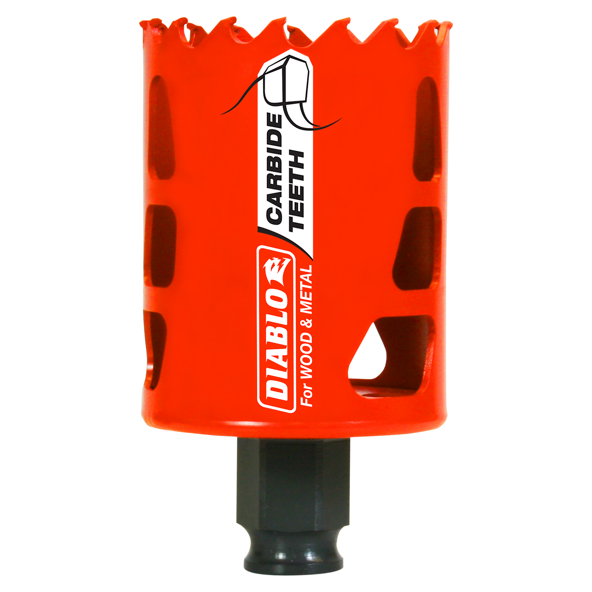 Bright orange Diablo carbide-tipped holesaw with jagged cutting edge and black cylindrical shank.