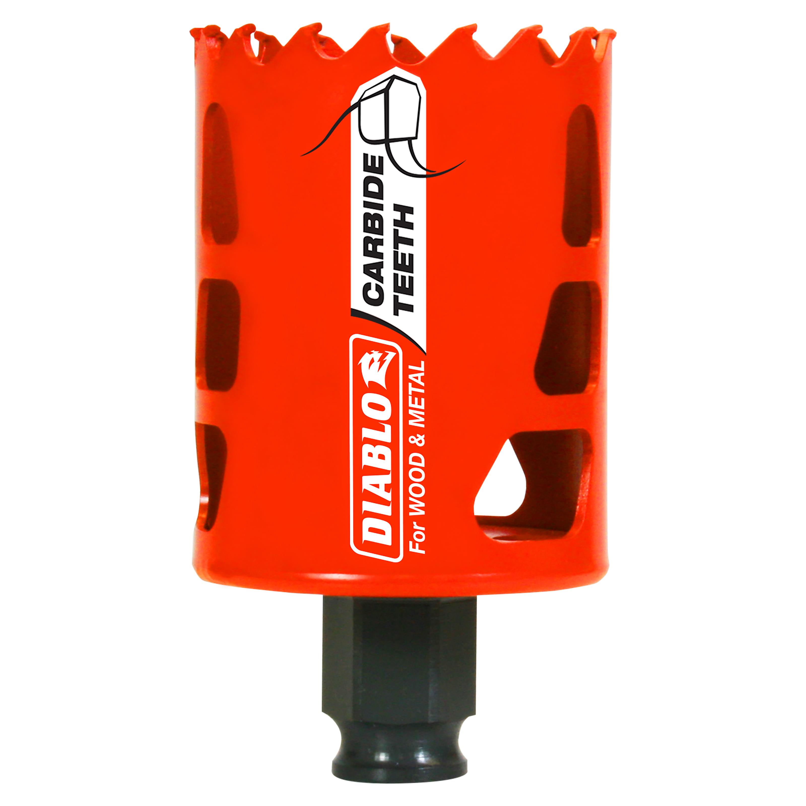 Bright orange Diablo carbide-tipped holesaw with jagged cutting edge and black cylindrical shank.