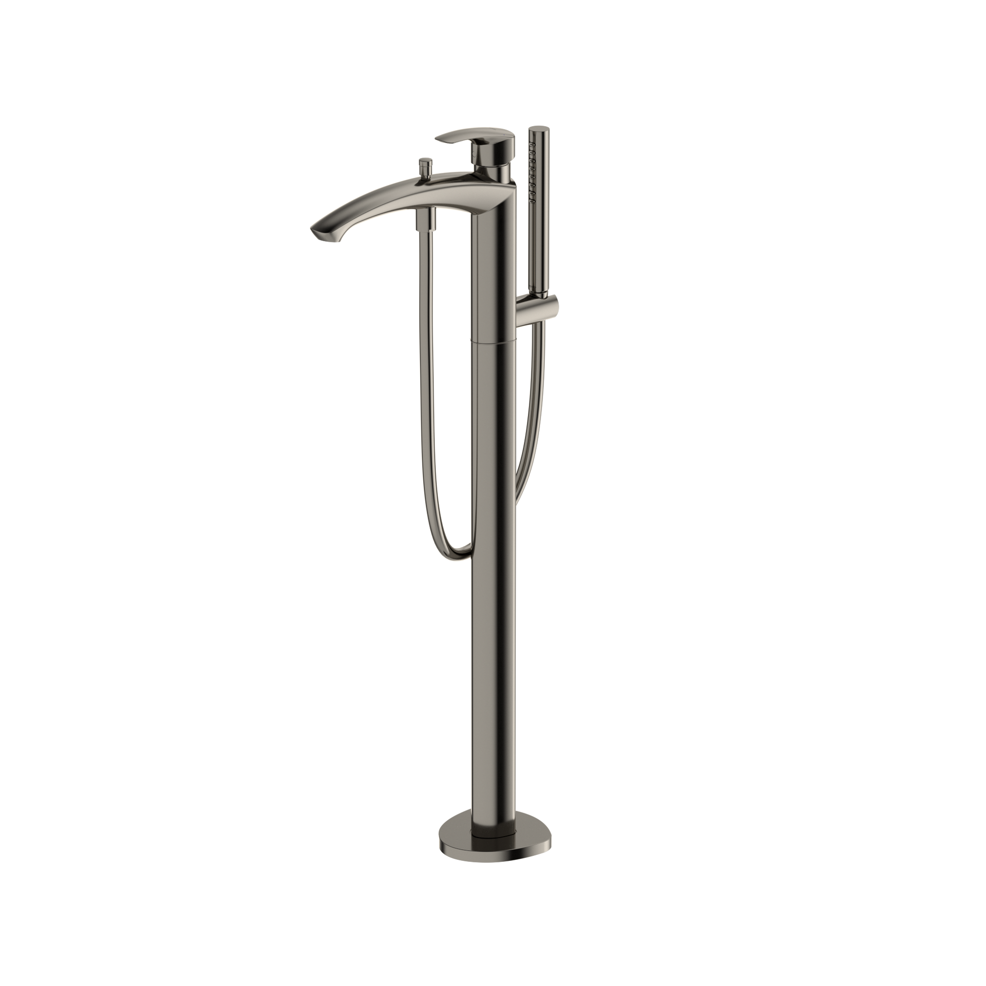 Polished nickel free-standing tub filler with single handle, curved spout, and detachable handshower on cord.