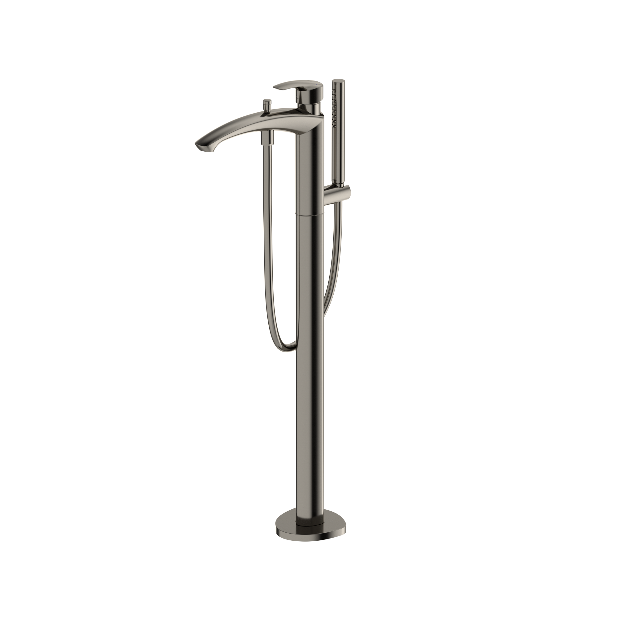 Polished nickel free-standing tub filler with single handle, curved spout, and detachable handshower on cord.