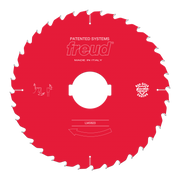 Red circular saw blade with silver teeth, white center hole, and Freud branding on red body.
