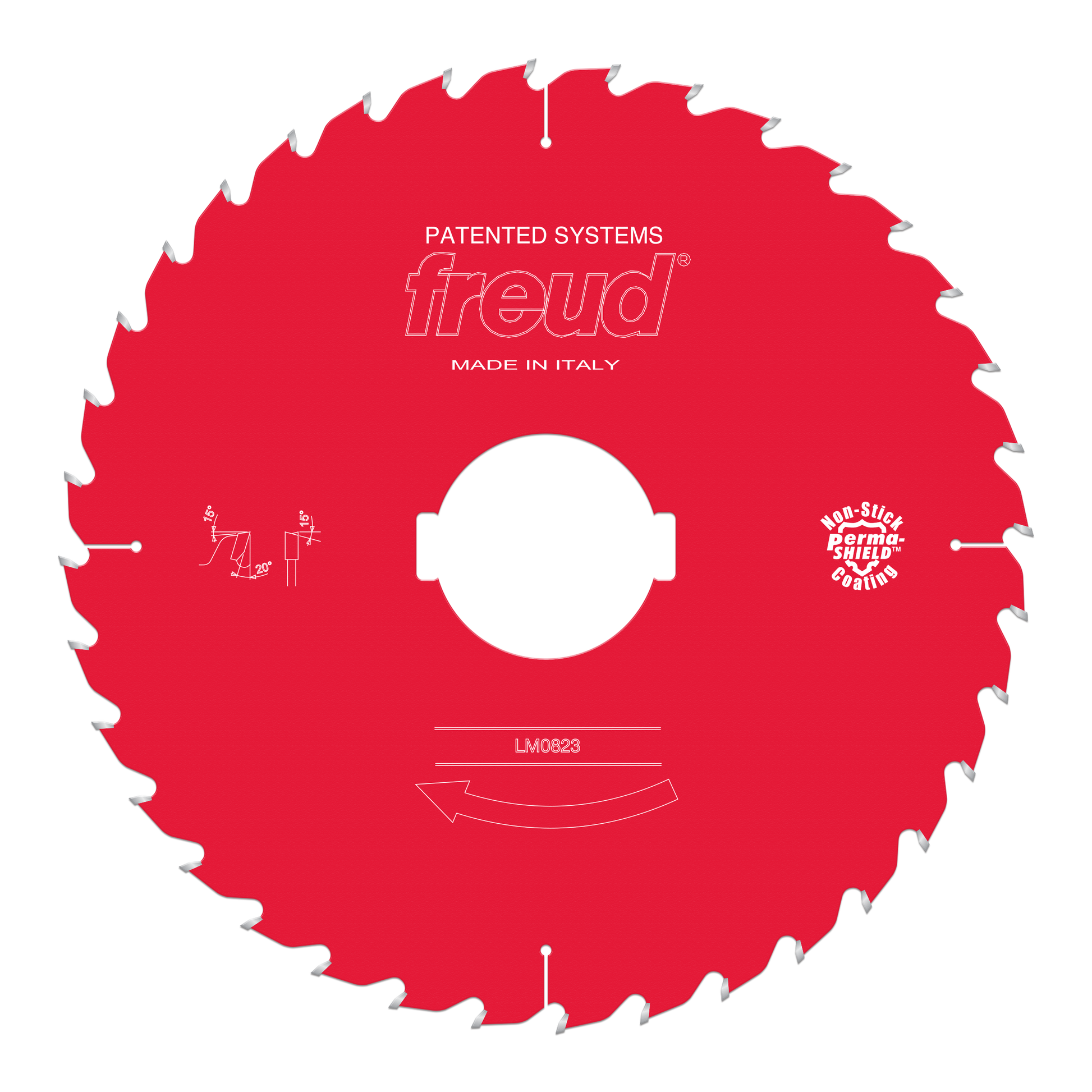 Red circular saw blade with silver teeth, white center hole, and Freud branding on red body.