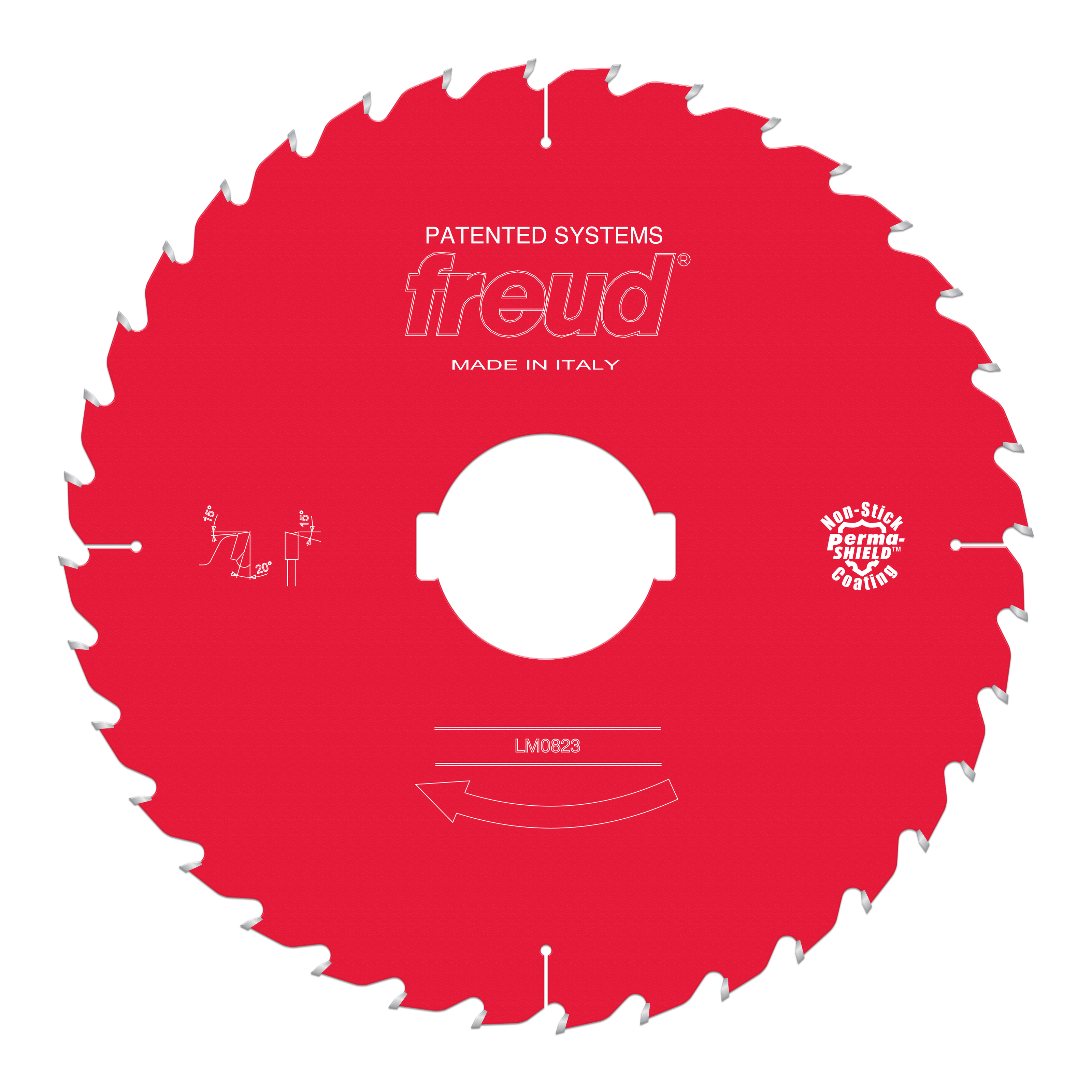 Red circular saw blade with silver teeth, white center hole, and Freud branding on red body.