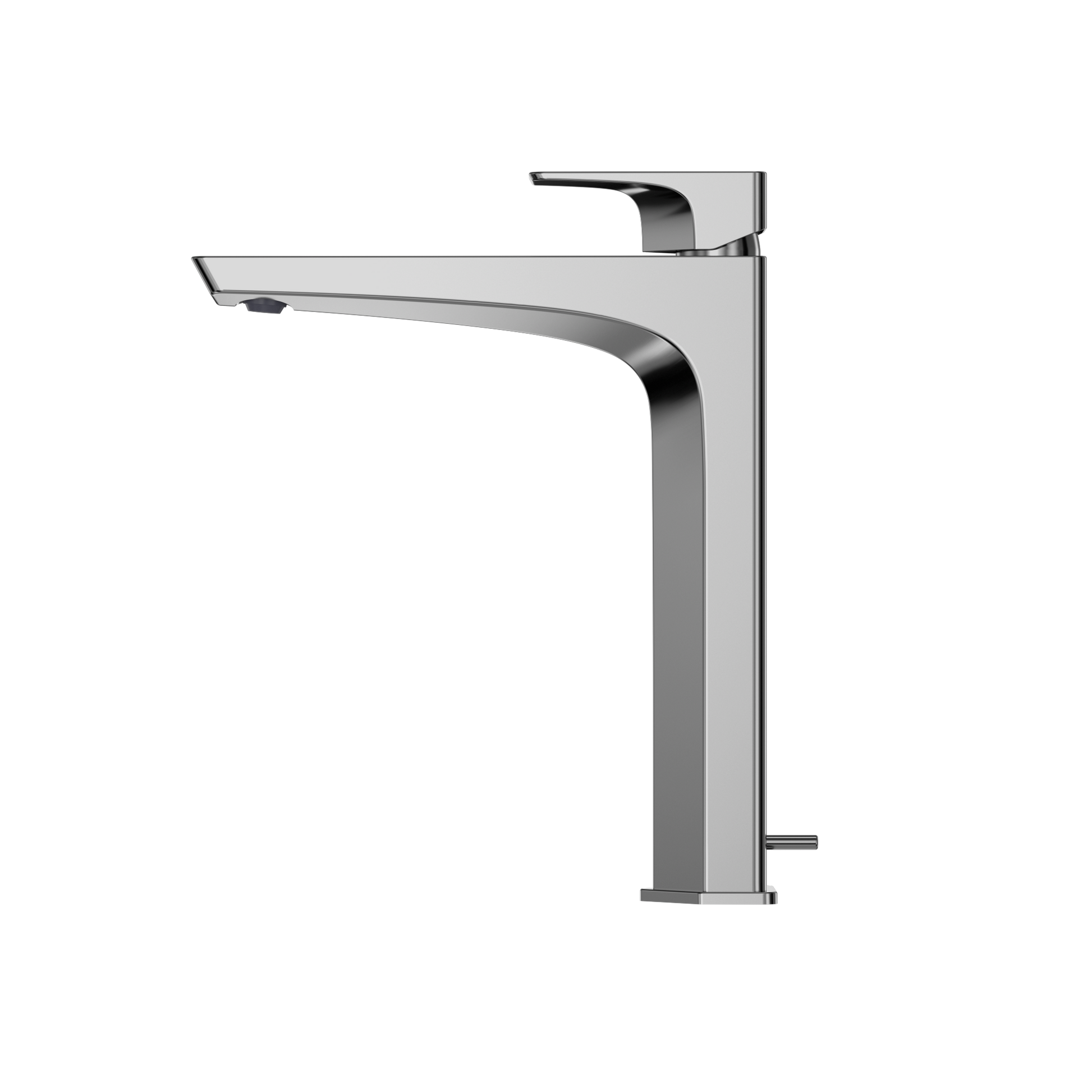 Polished chrome single-handle vessel bathroom faucet with curved spout and tall squared base.