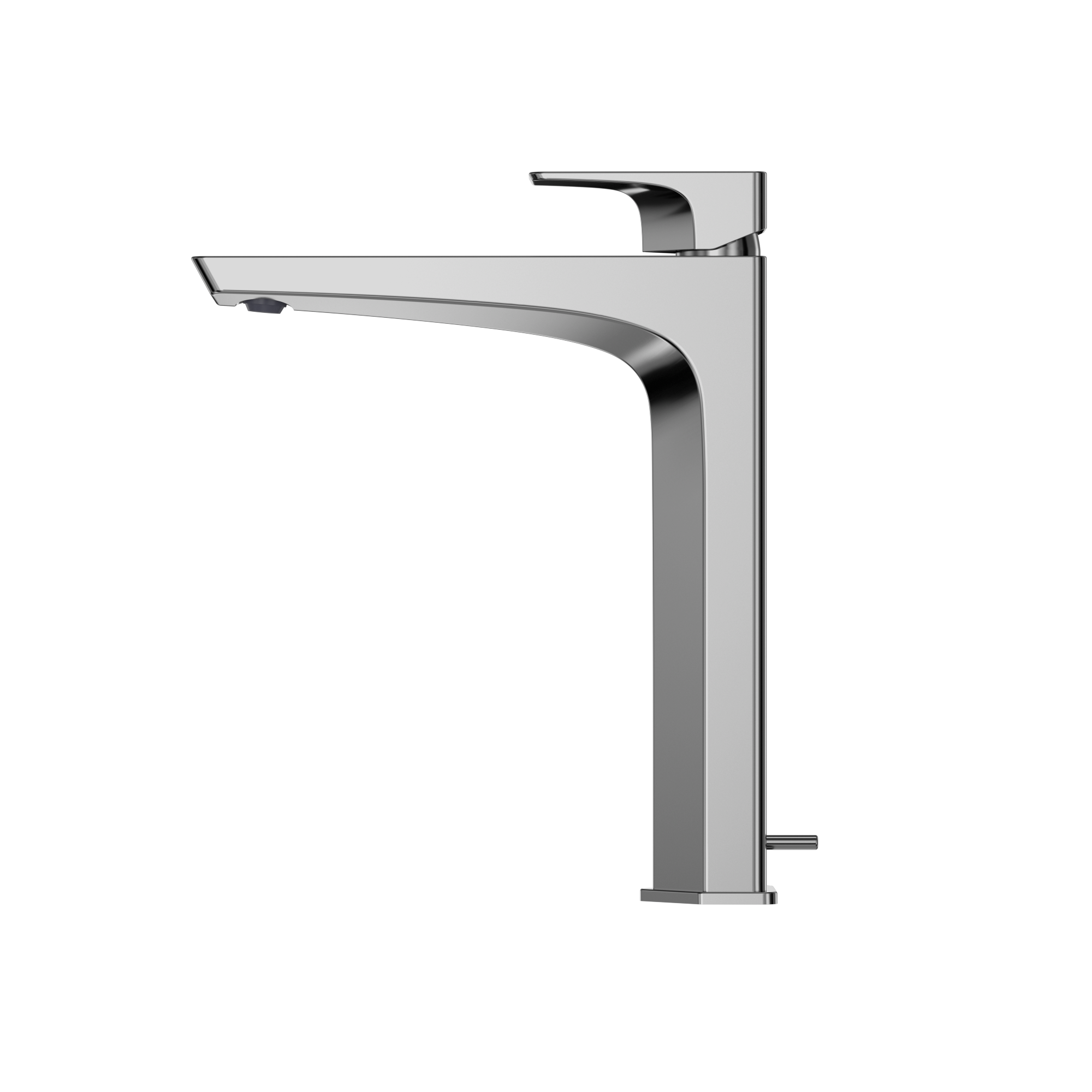 Polished chrome single-handle vessel bathroom faucet with curved spout and tall squared base.