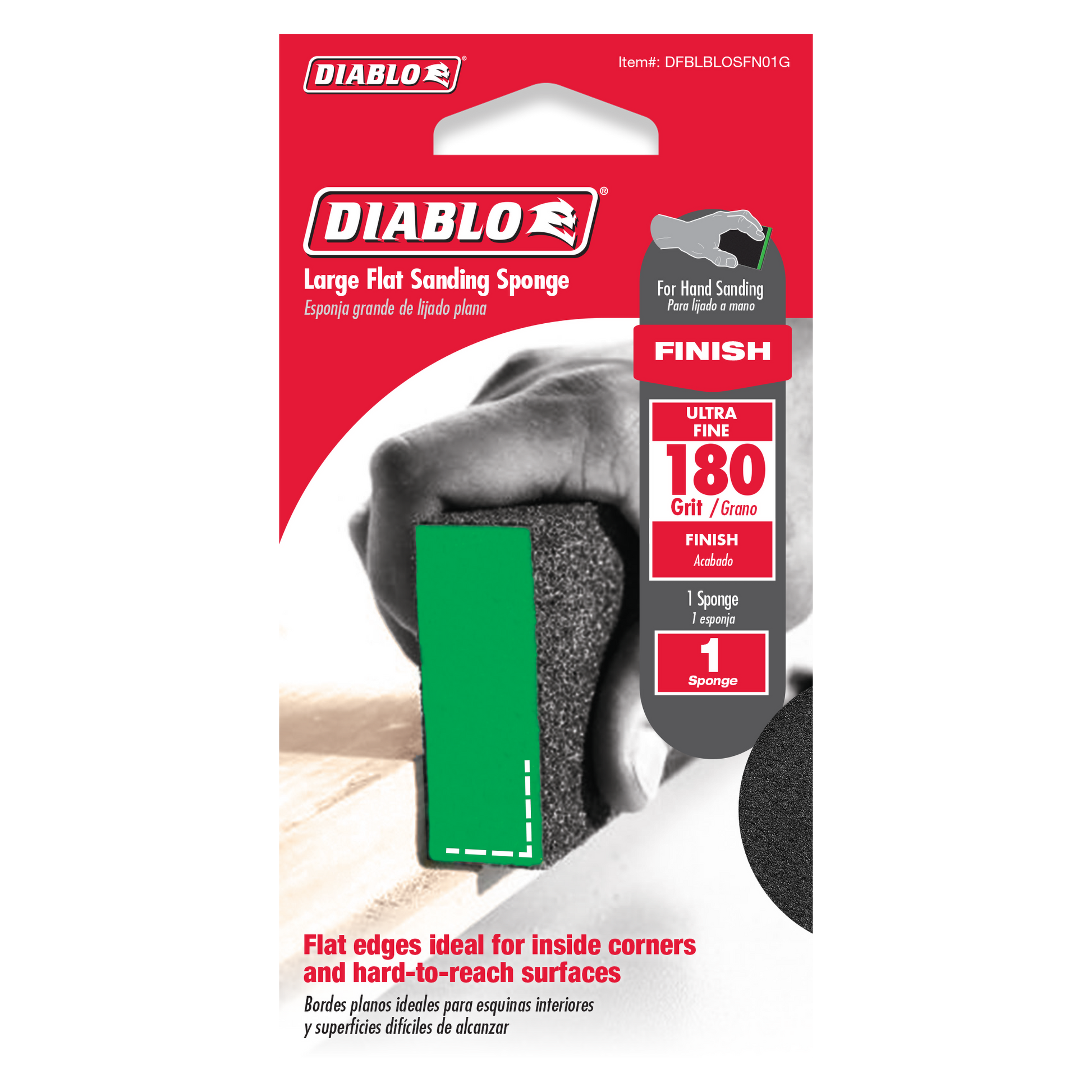 Large flat sanding sponge with 180-grit ultra fine surface and green grip handle for hand sanding.
