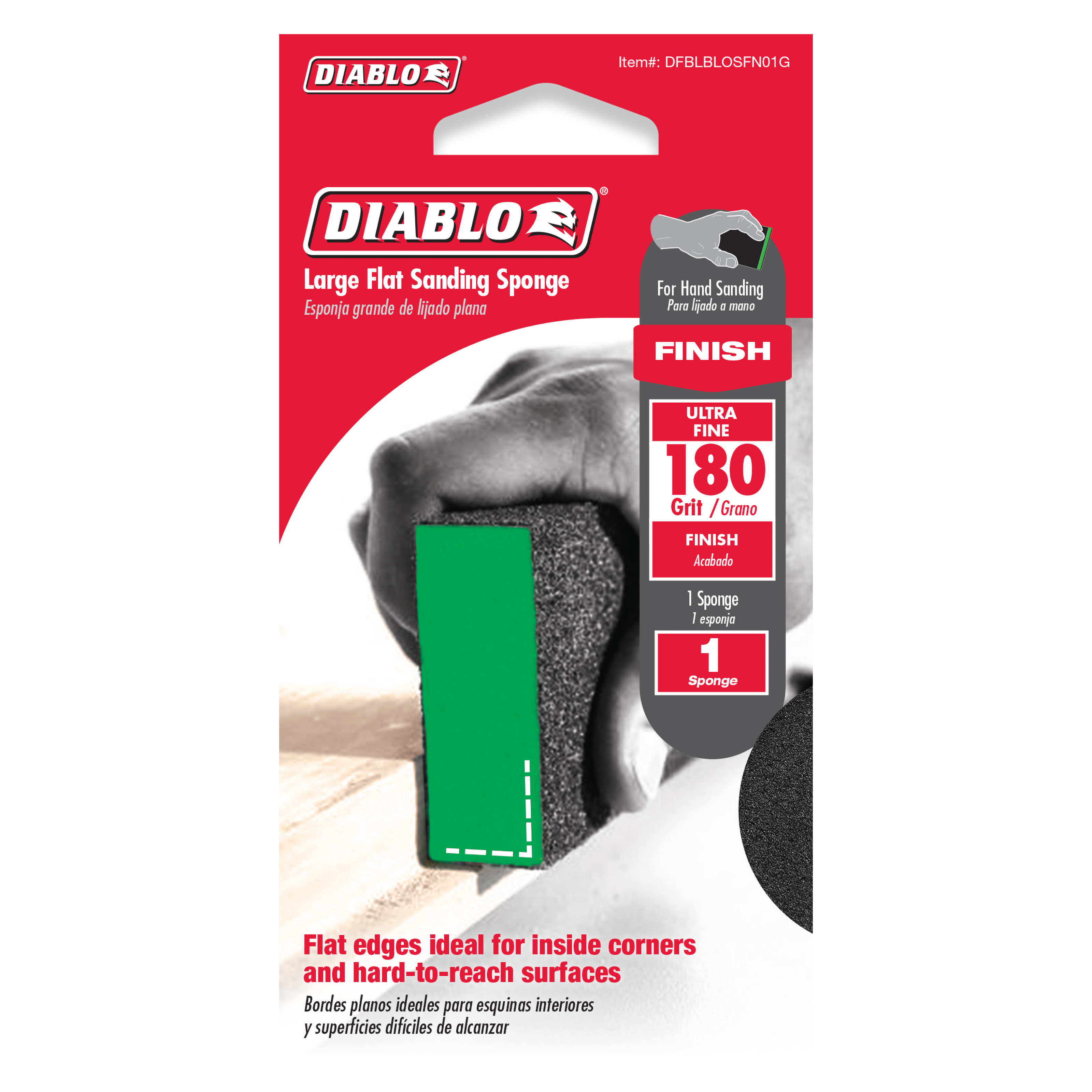 Large flat sanding sponge with 180-grit ultra fine surface and green grip handle for hand sanding.