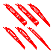 Six red Diablo reciprocating saw blades with serrated edges and mounting tabs, arranged in two rows.