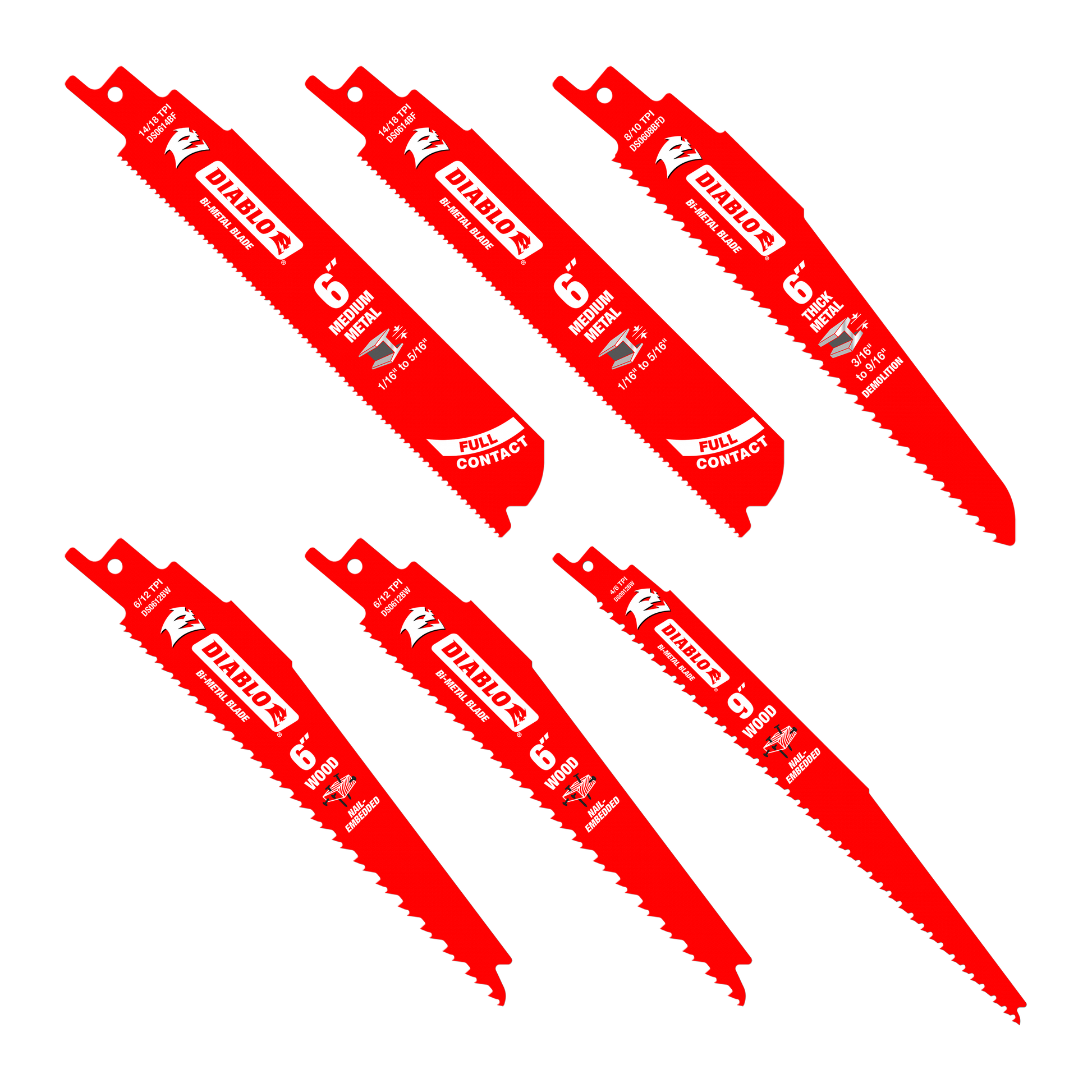 Six red Diablo reciprocating saw blades with serrated edges and mounting tabs, arranged in two rows.