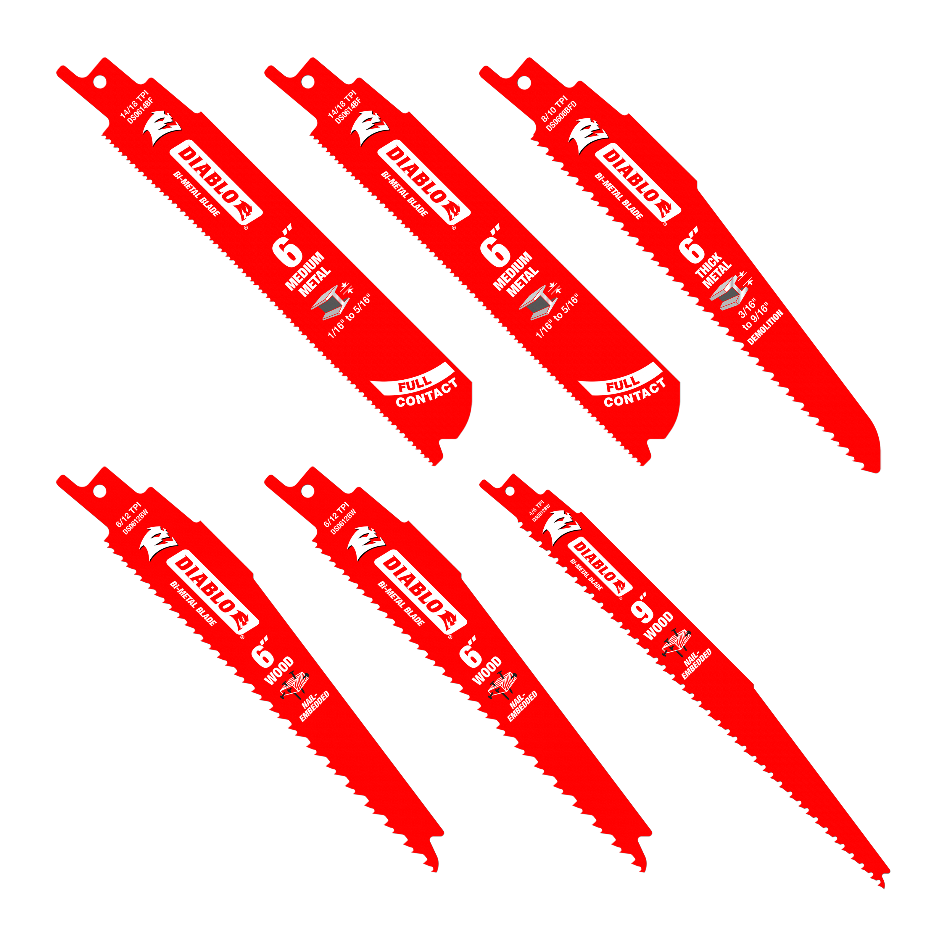 Six red Diablo reciprocating saw blades with serrated edges and mounting tabs, arranged in two rows.