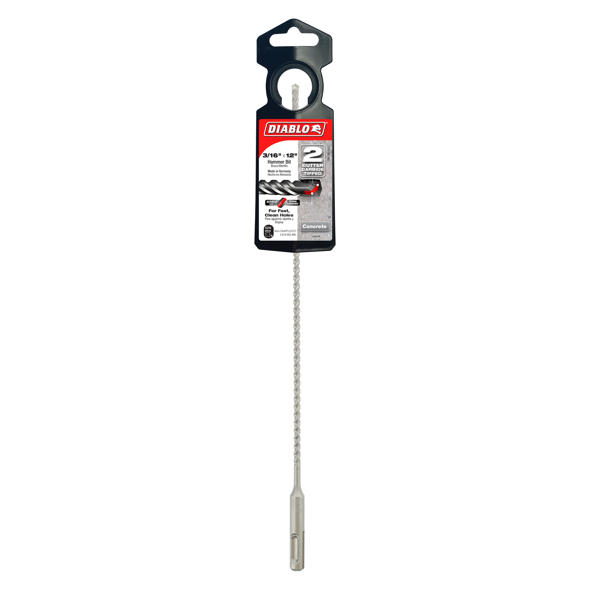 Diablo SDS-Plus masonry drill bit with gray fluted shaft and black retail packaging hanging display card.