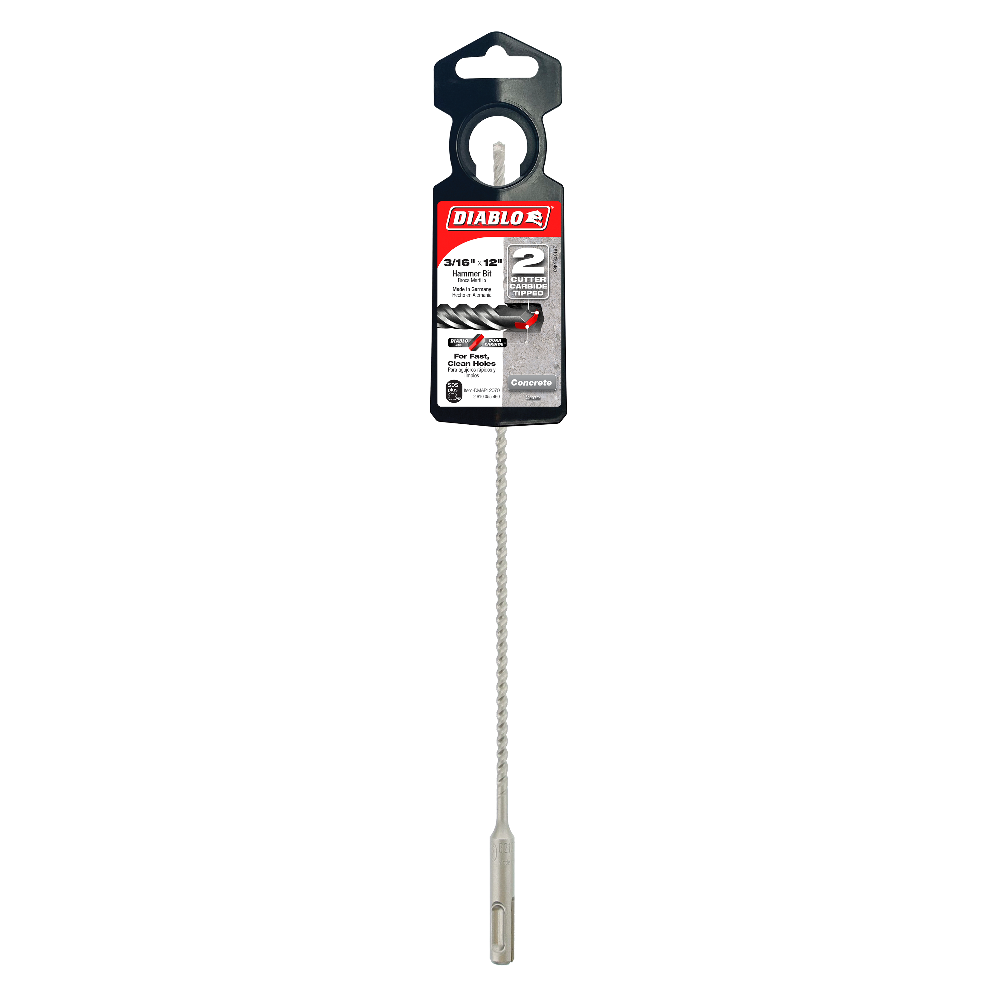 Diablo SDS-Plus masonry drill bit with gray fluted shaft and black retail packaging hanging display card.