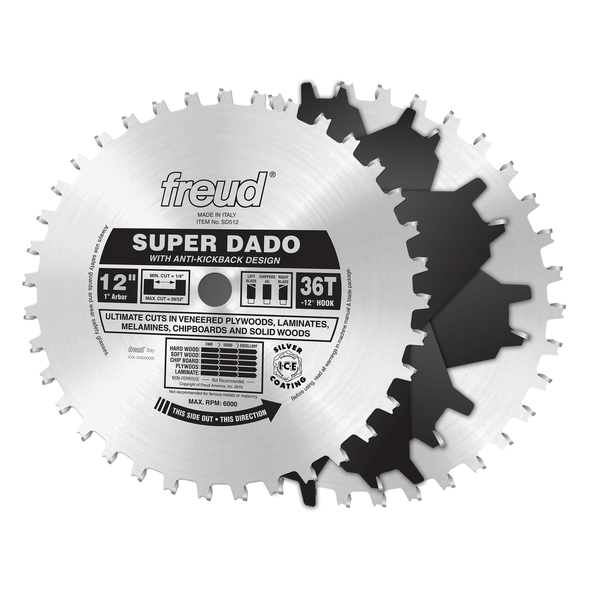 Freud SD512 12-inch super dado saw blade set with 36 teeth and anti-kickback design for woodworking.