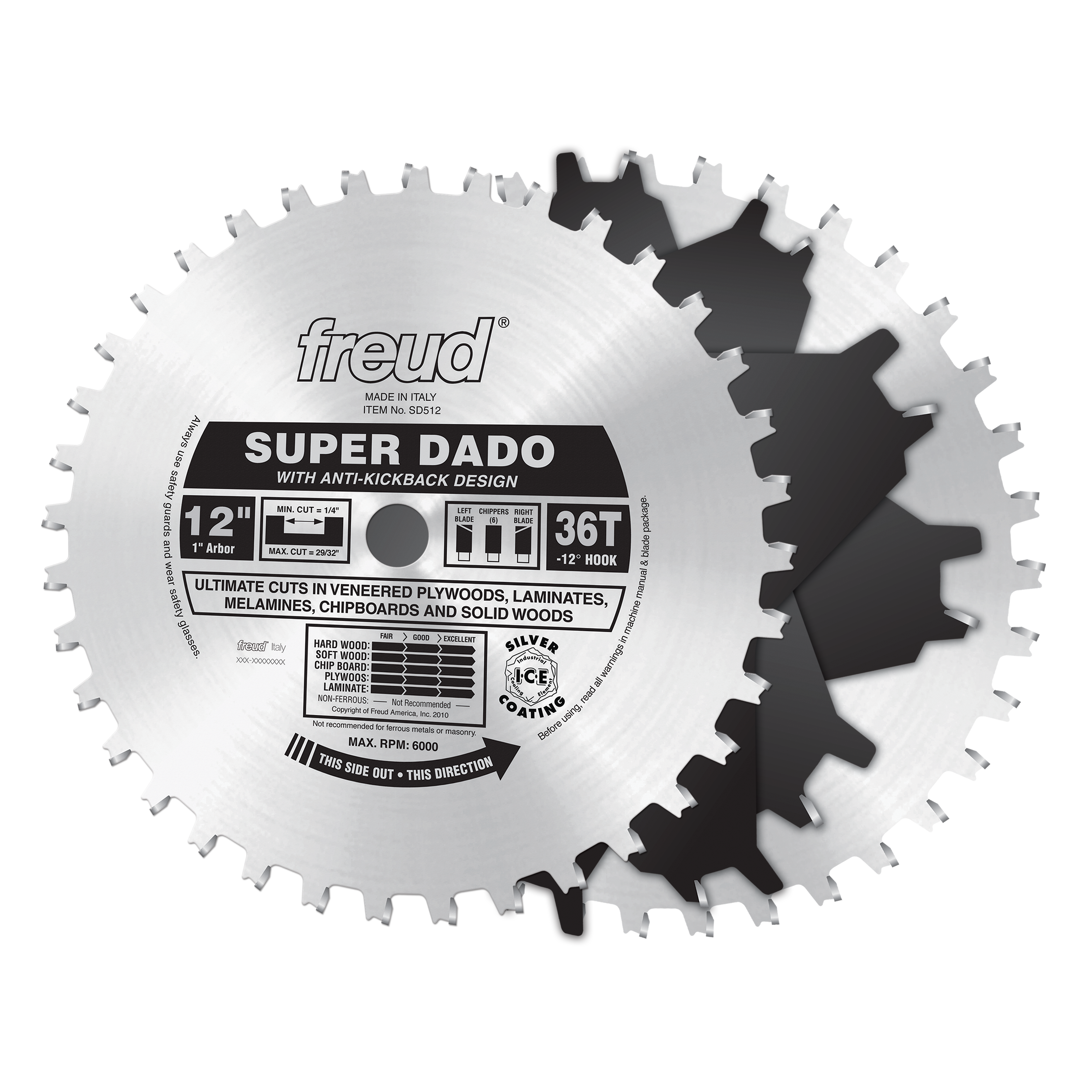 Freud SD512 12-inch super dado saw blade set with 36 teeth and anti-kickback design for woodworking.