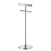 Polished chrome remote control stand with horizontal crossbar and circular base, featuring measurement ruler at top.