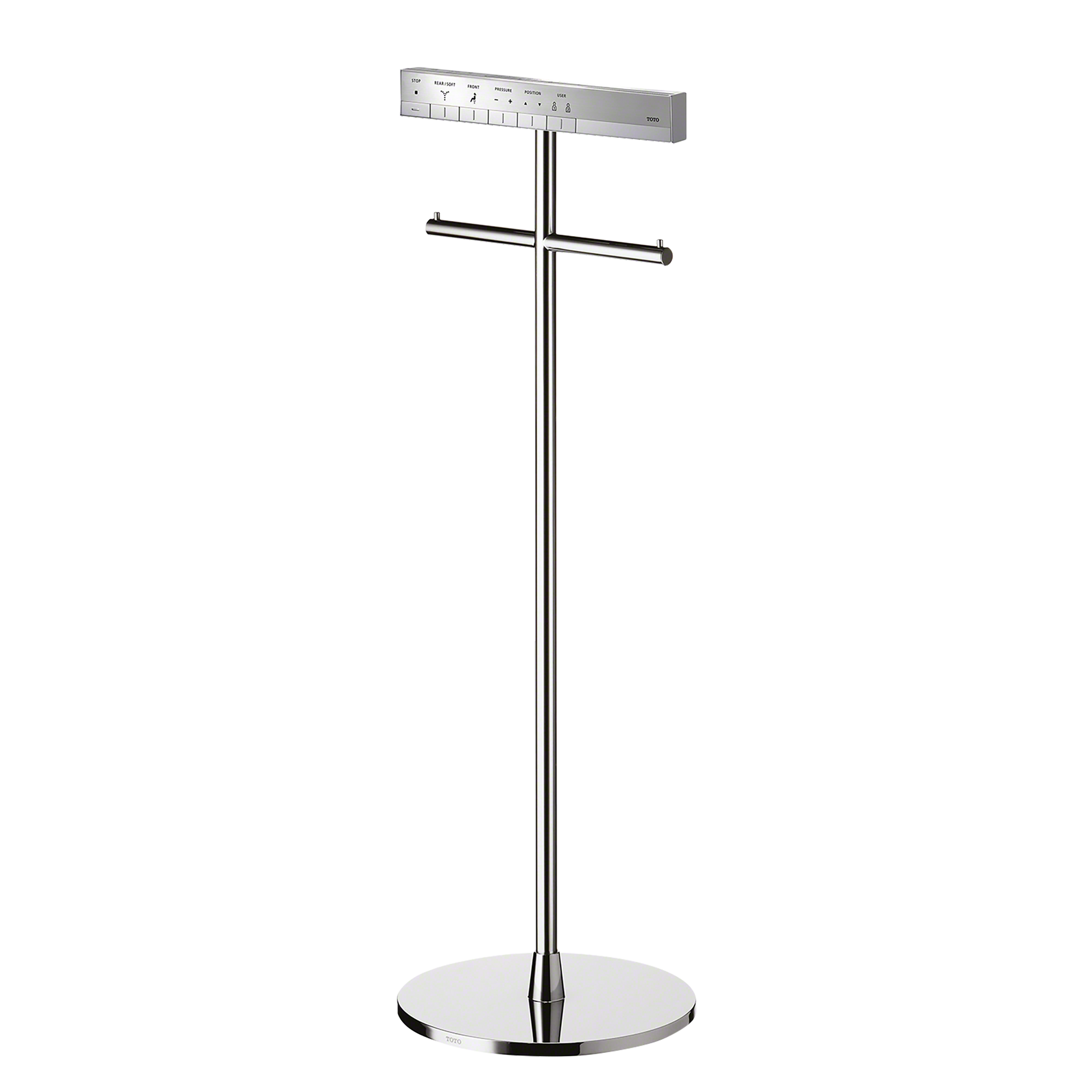 Polished chrome remote control stand with horizontal crossbar and circular base, featuring measurement ruler at top.
