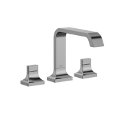 Polished chrome two-handle roman tub filler with curved spout and square base mounts.
