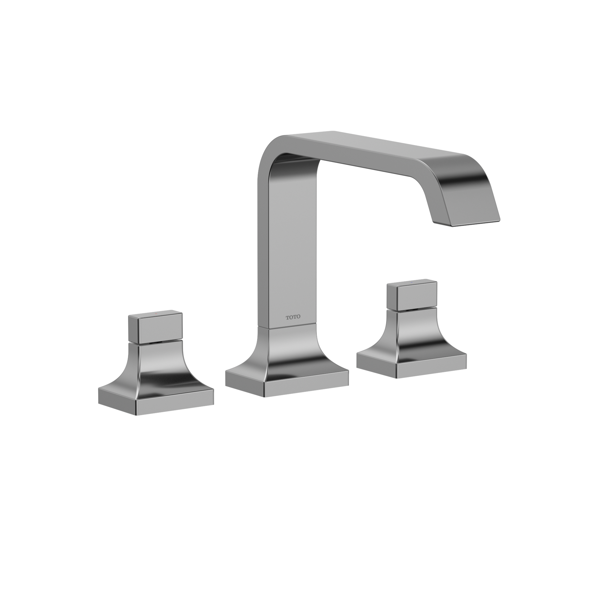 Polished chrome two-handle roman tub filler with curved spout and square base mounts.