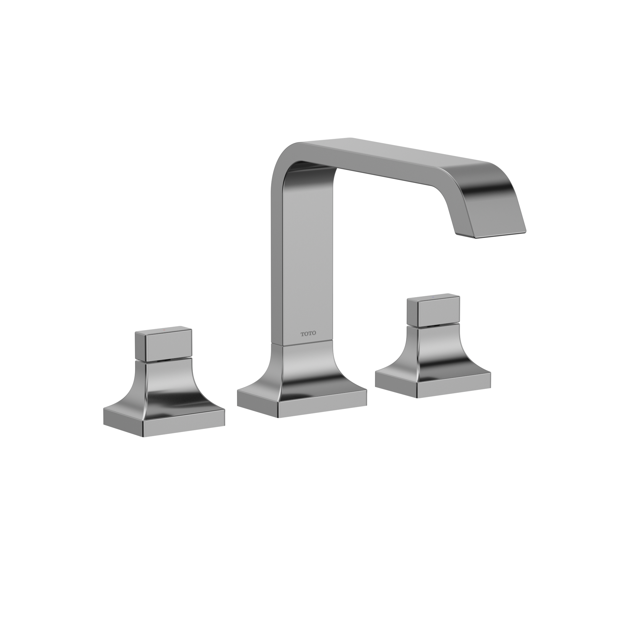 Polished chrome two-handle roman tub filler with curved spout and square base mounts.