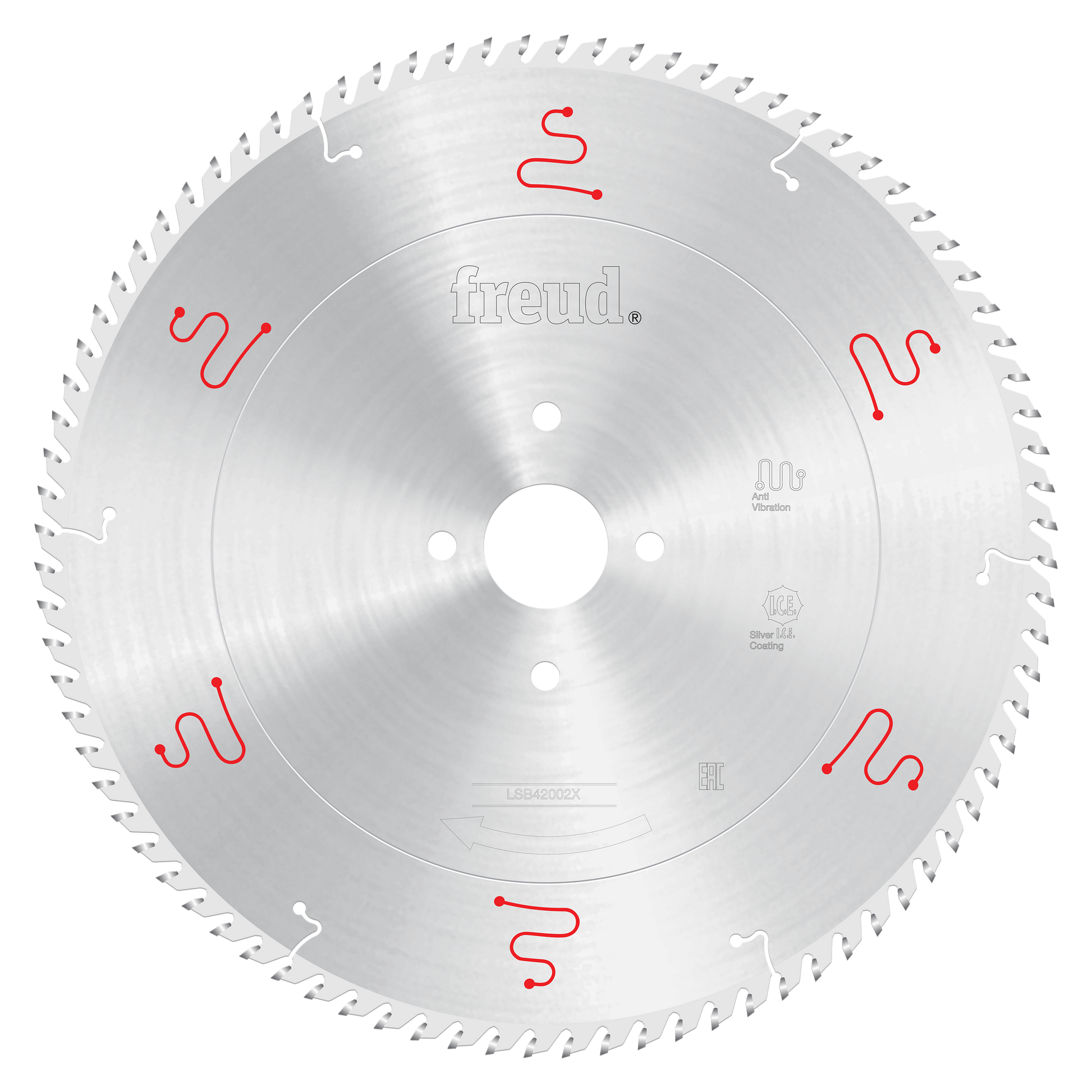 Freud 420mm circular saw blade with silver finish, white center hole, red manufacturer markings, and teeth around perimeter.