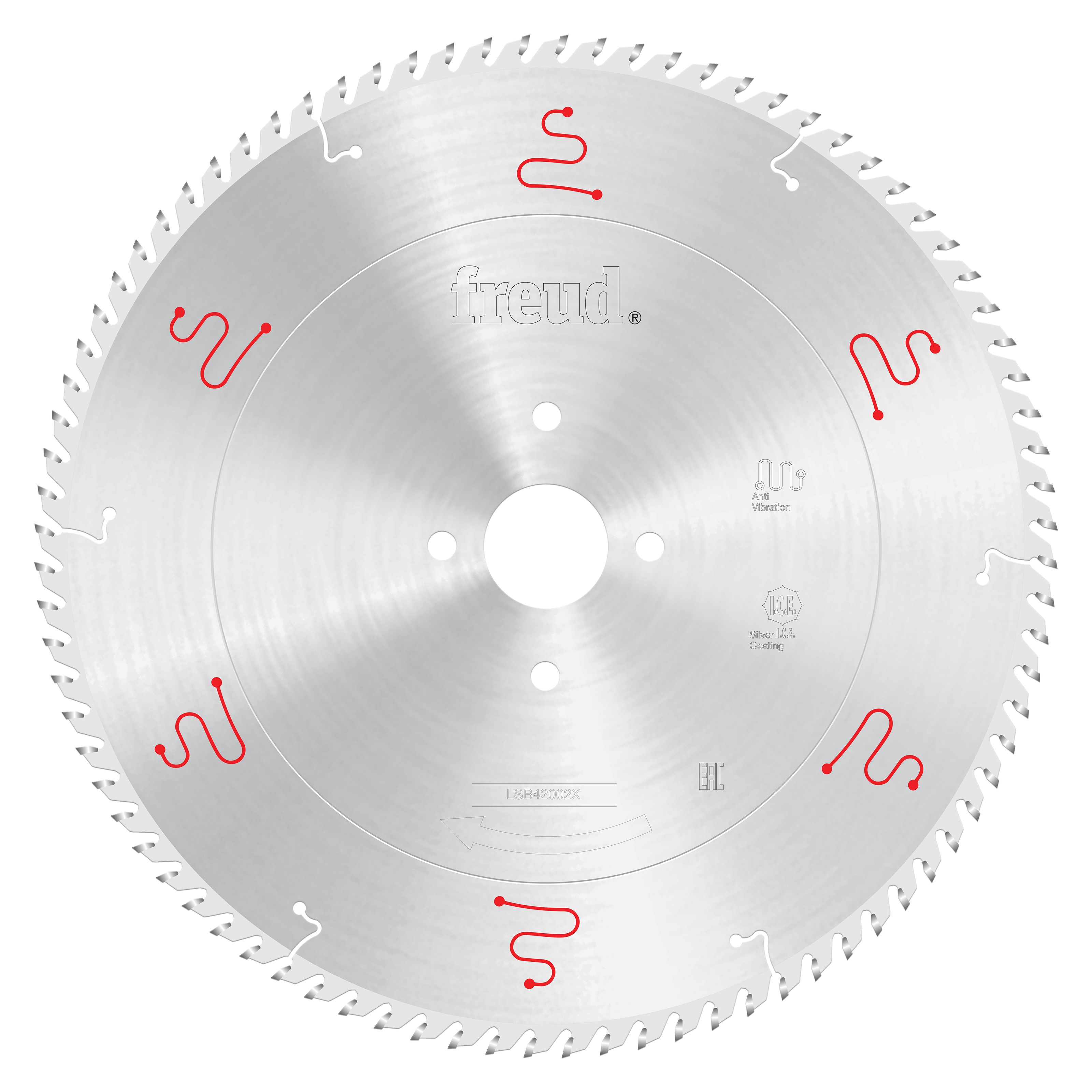Freud 420mm circular saw blade with silver finish, white center hole, red manufacturer markings, and teeth around perimeter.