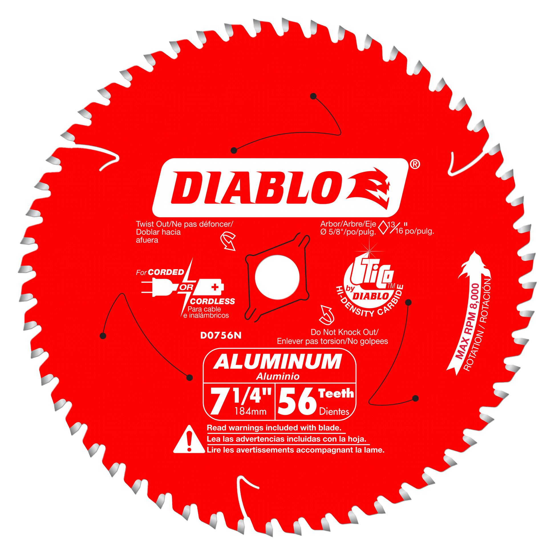 Red circular saw blade with 56 teeth and white center arbor, labeled Diablo D0756N for aluminum cutting.