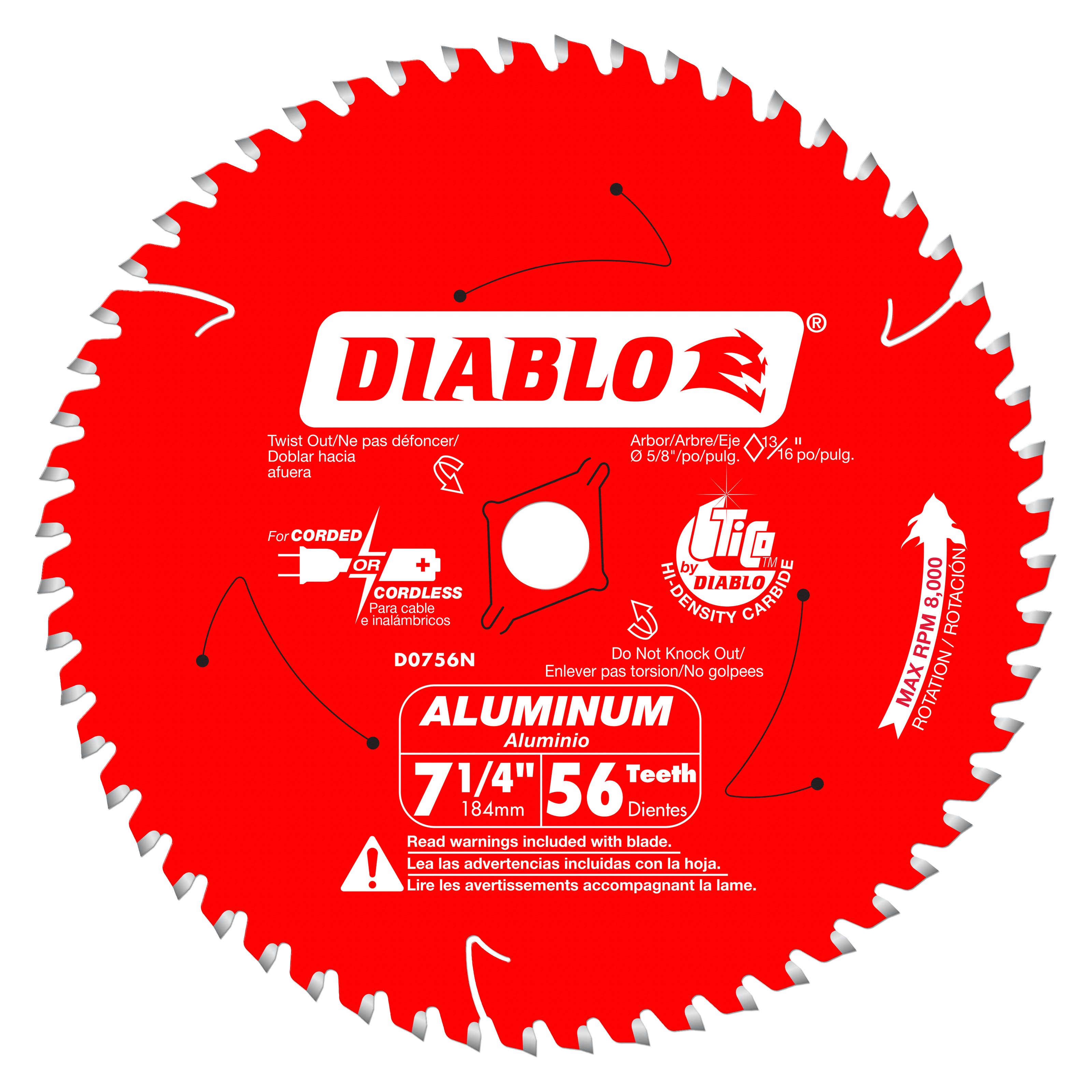 Red circular saw blade with 56 teeth and white center arbor, labeled Diablo D0756N for aluminum cutting.