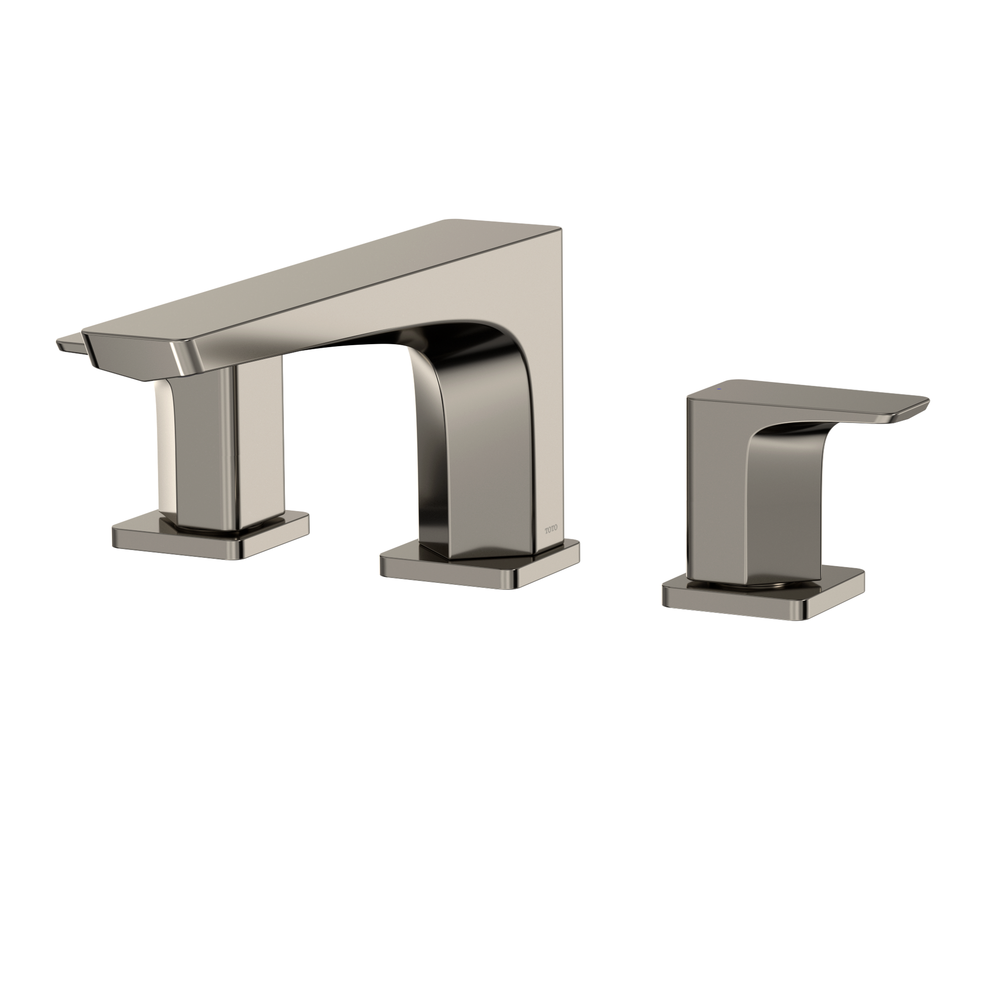 Polished nickel two-handle deck-mount Roman tub filler with curved spout and matching side handles.