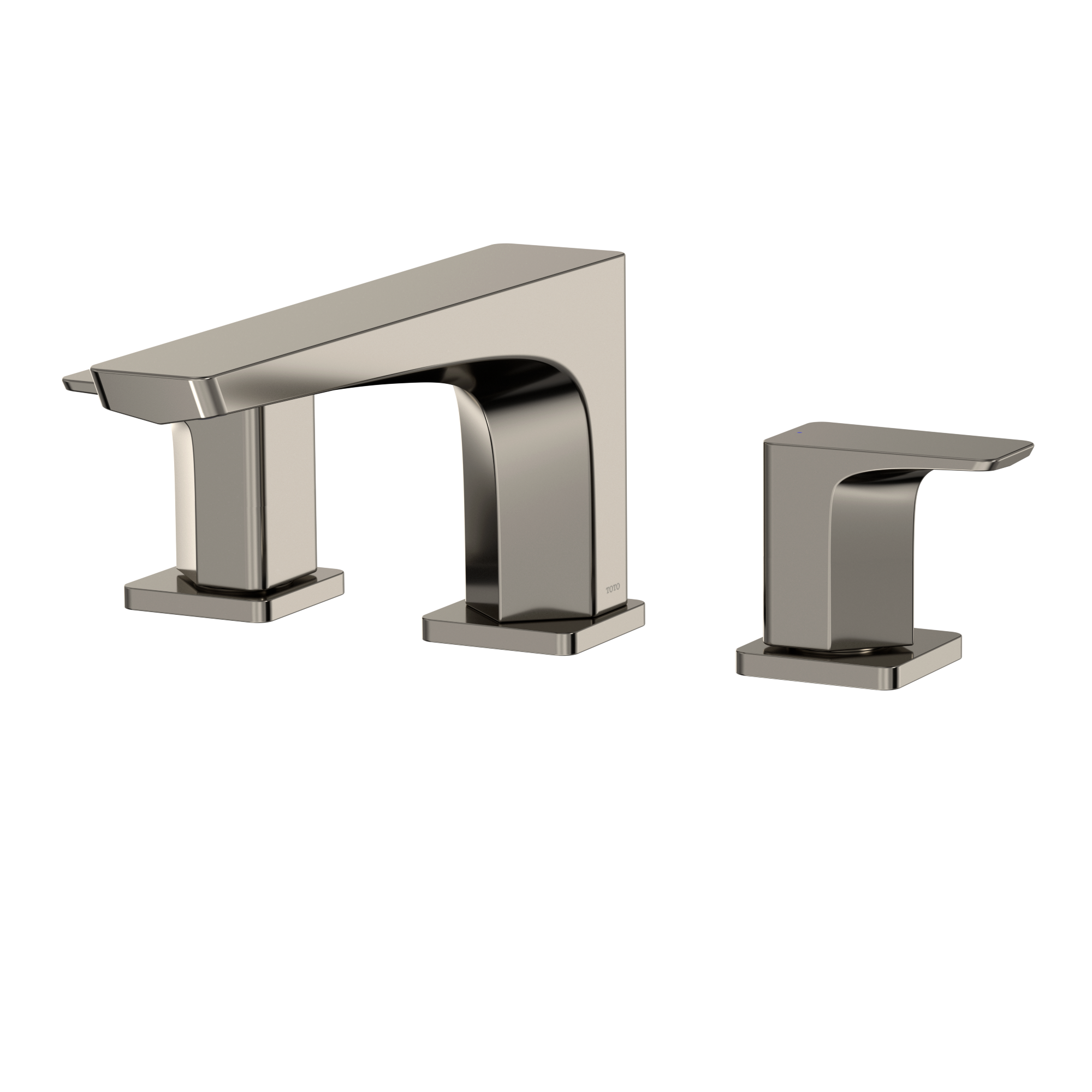 Polished nickel two-handle deck-mount Roman tub filler with curved spout and matching side handles.