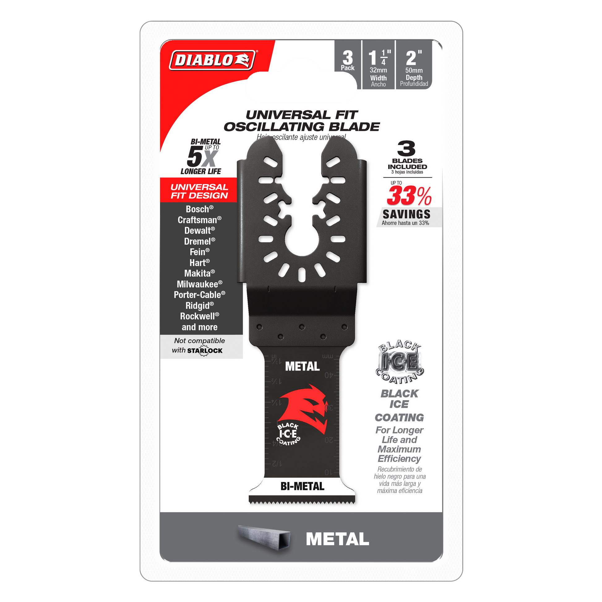 Three black bi-metal oscillating blades with universal fit design and Black Ice coating for metal cutting.