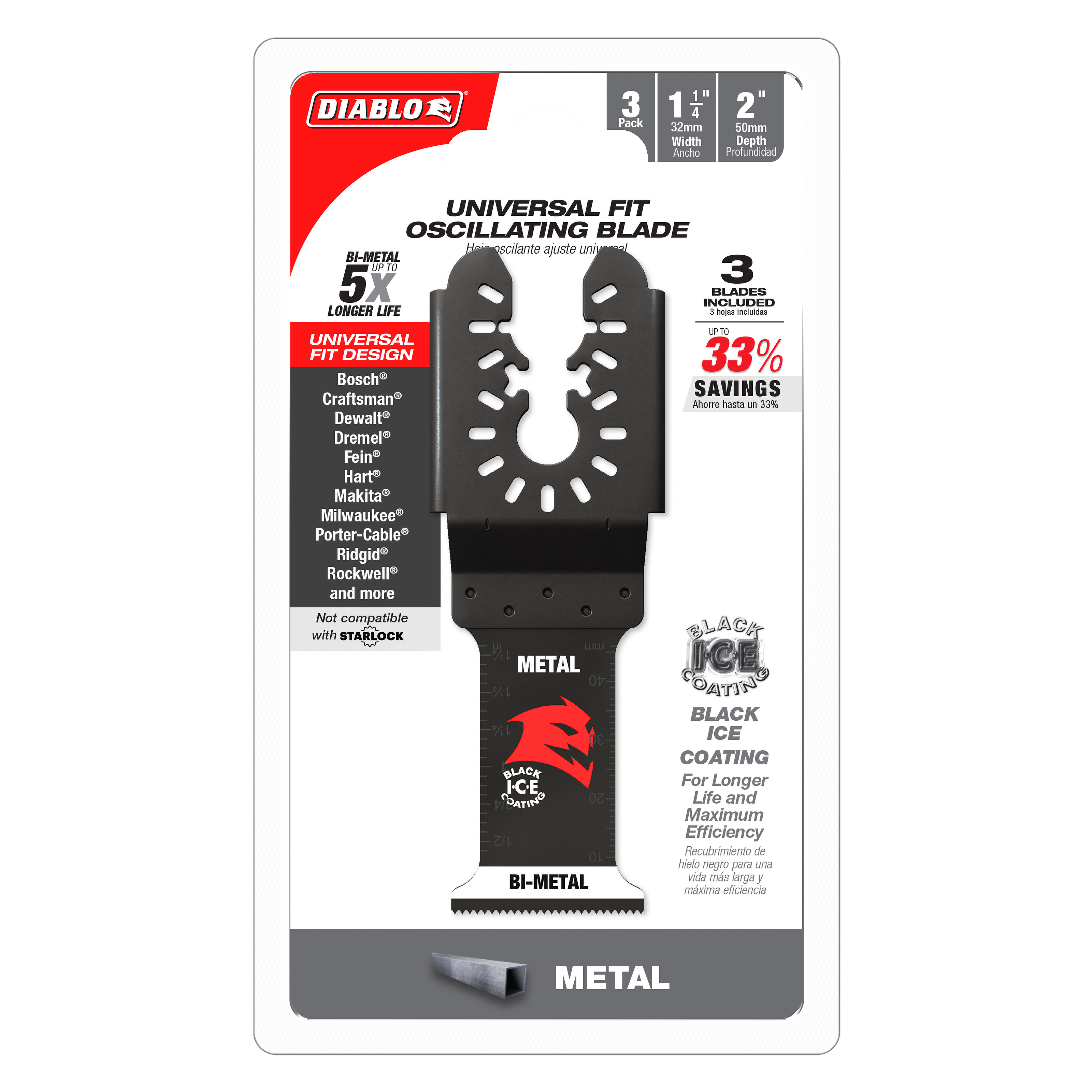 Three black bi-metal oscillating blades with universal fit design and Black Ice coating for metal cutting.
